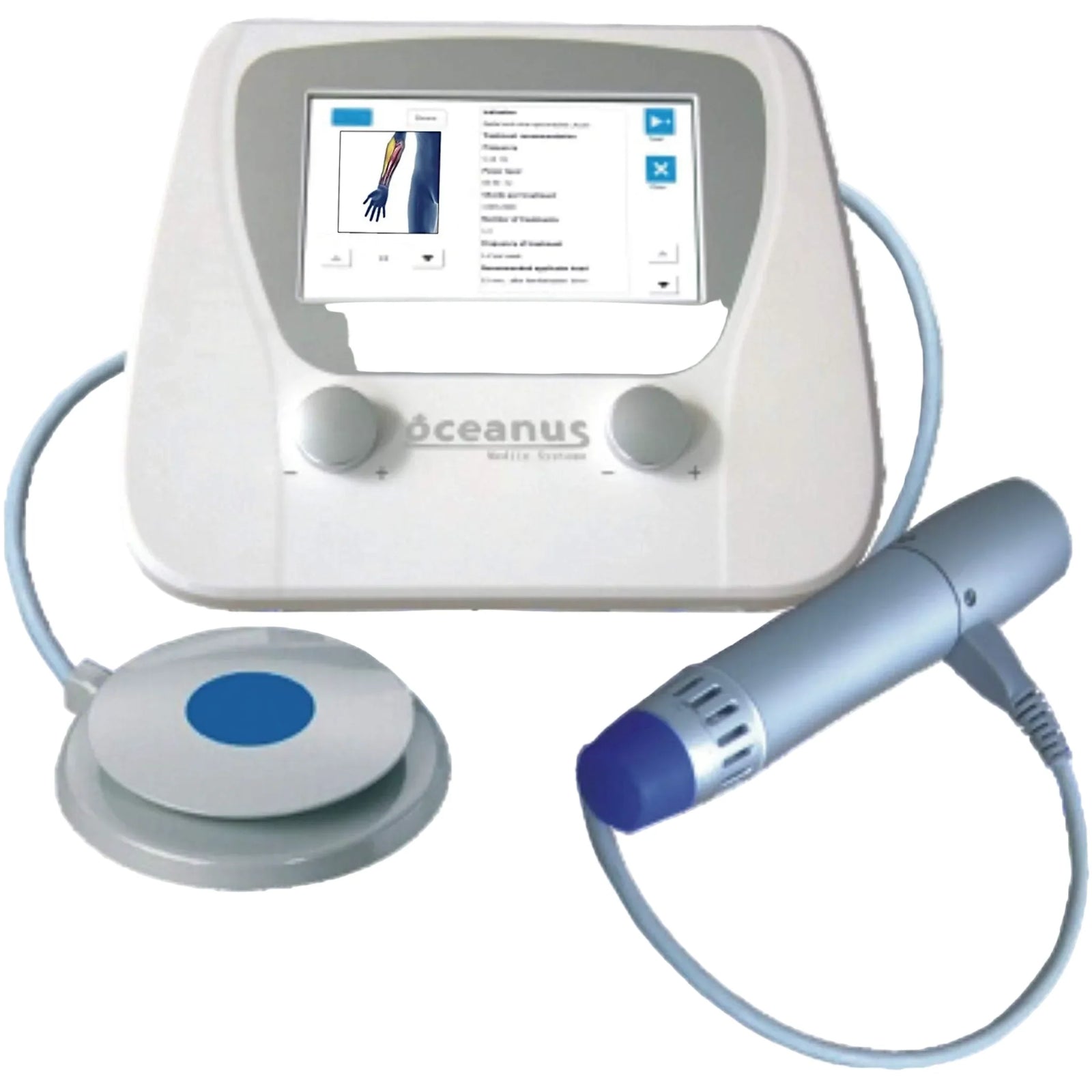 Oceanus PhysioPRO touchscreen control unit with foot switch and radial shockwave handpiece