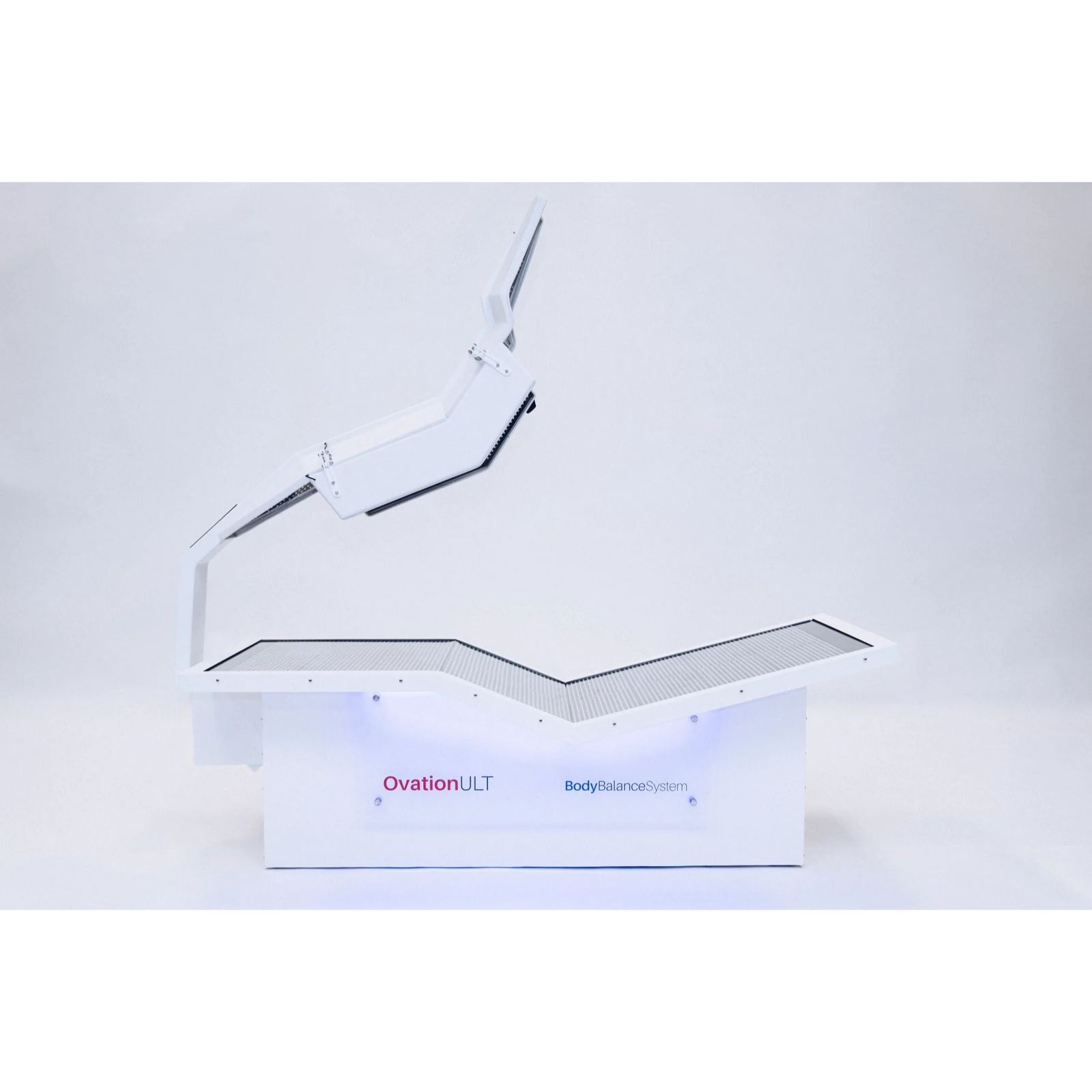 Body Balance System OvationULT Zero Gravity Red & Infrared Light Bed – bed with the canopy raised and blue underglow