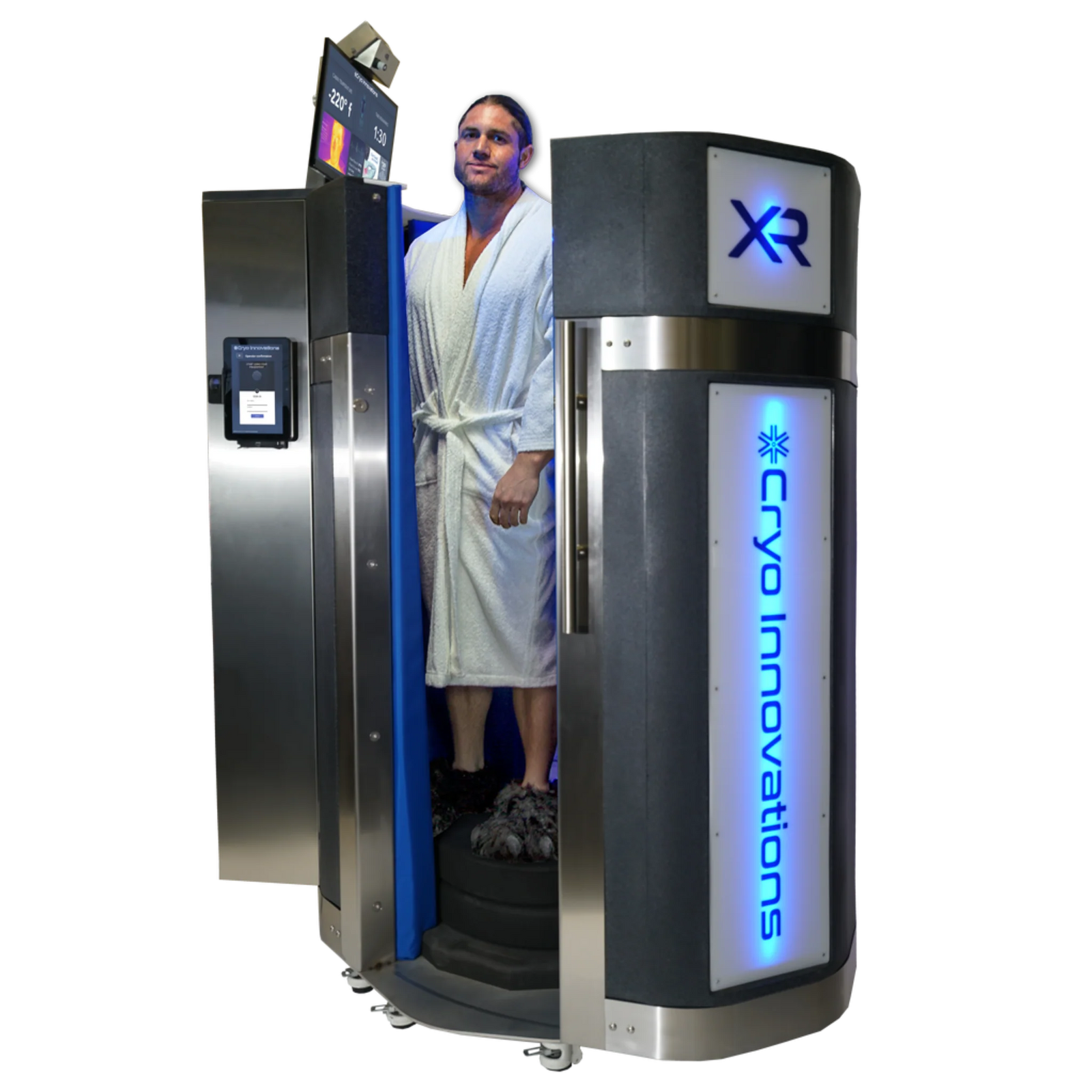 Cryo Innovations XR Cryo Chamber Lite – man in a robe stepping out of the chamber
