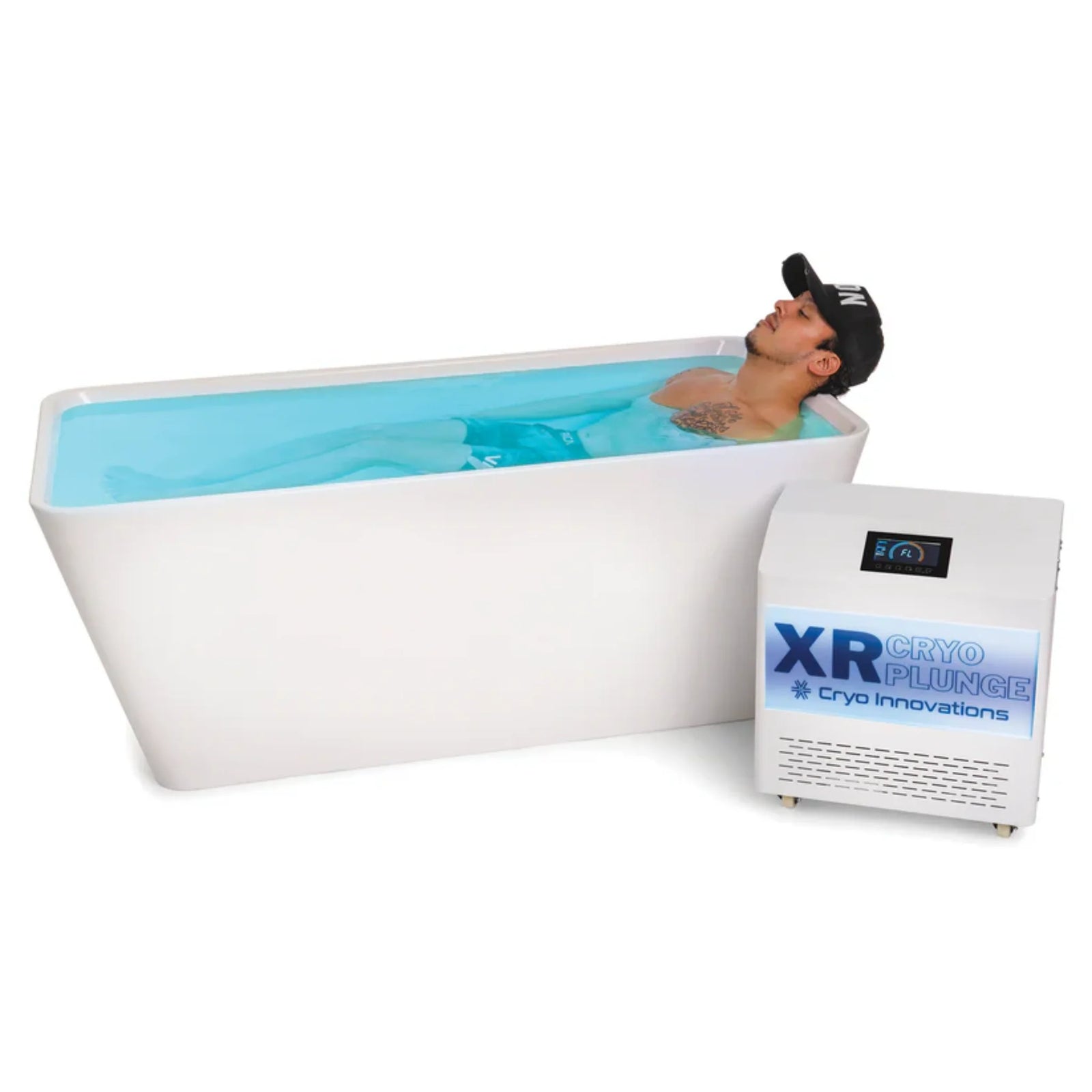 Cryo Innovations XR Cryo Plunge acrylic tub with a person in it and the chiller/heater beside it