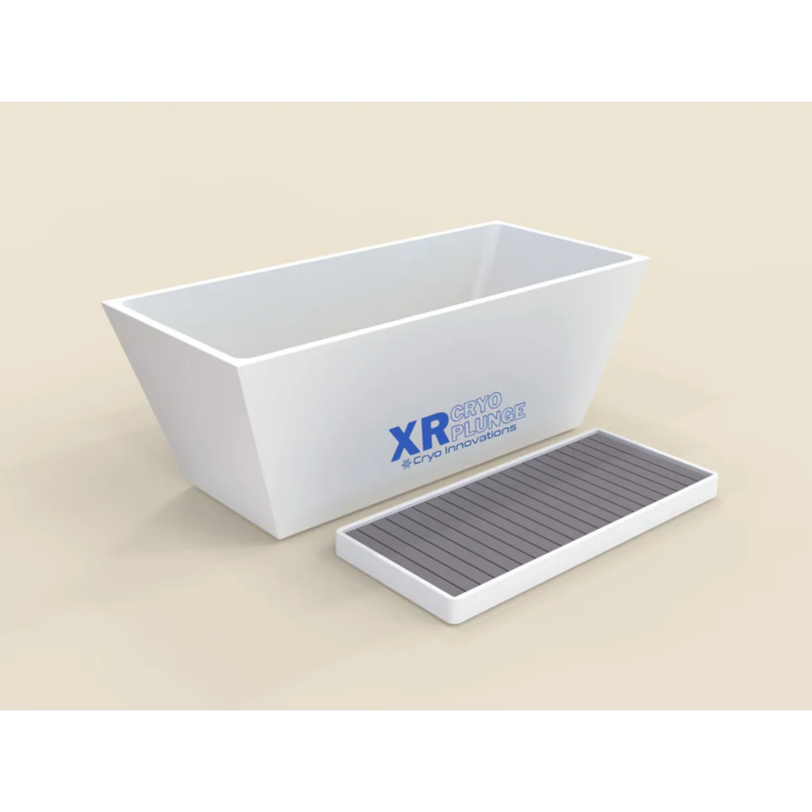 Cryo Innovations XR Cryo Plunge acrylic tub at an angle with the optional wet basin