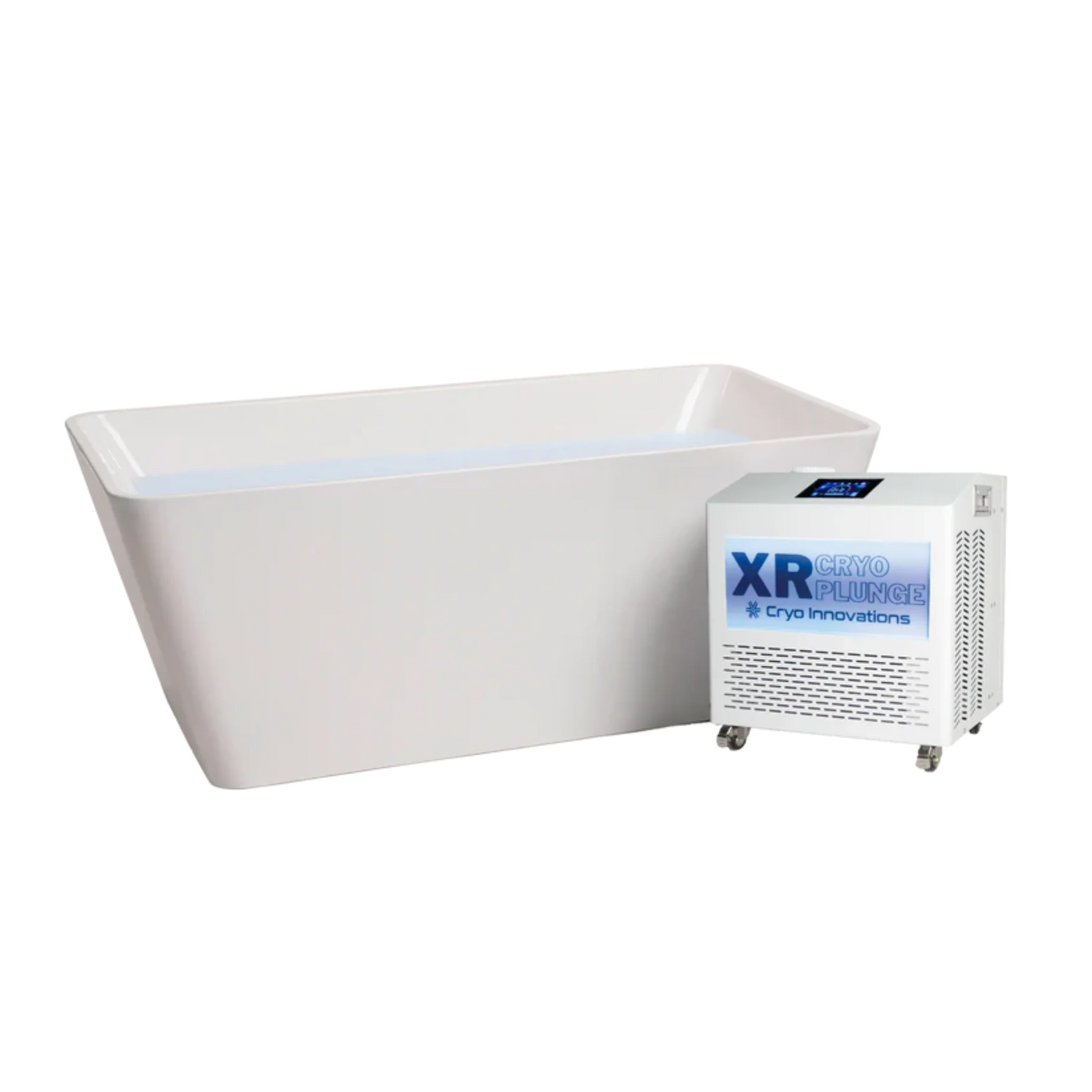 Cryo Innovations XR Cryo Plunge acrylic tub with its chiller/heater on a plain background
