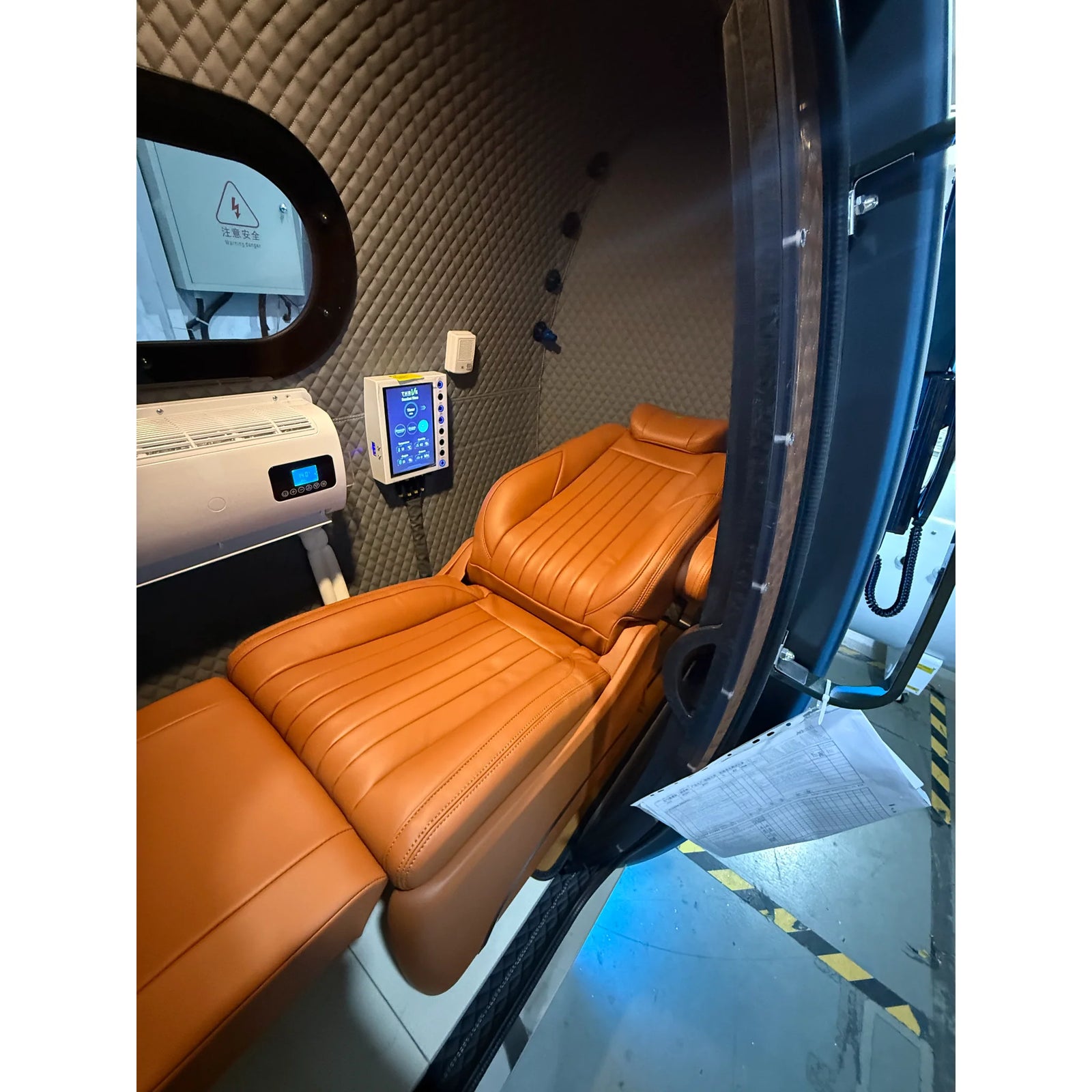 Macy-Pan HE5000 Fort Two-Person Hard-Shell Hyperbaric Chamber – orange leather recliner inside