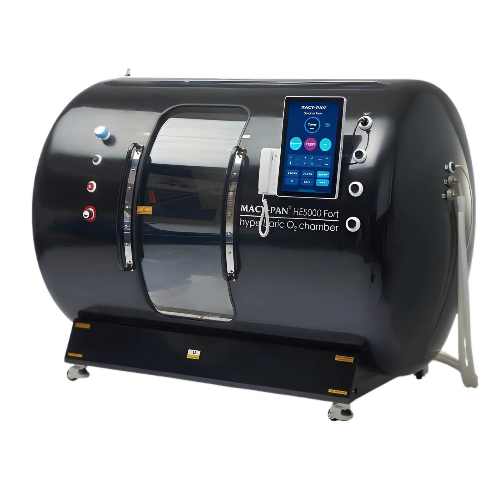 Macy-Pan HE5000 Plus Multiplace Hard-Shell Hyperbaric Chamber – black chamber angle with hoses
