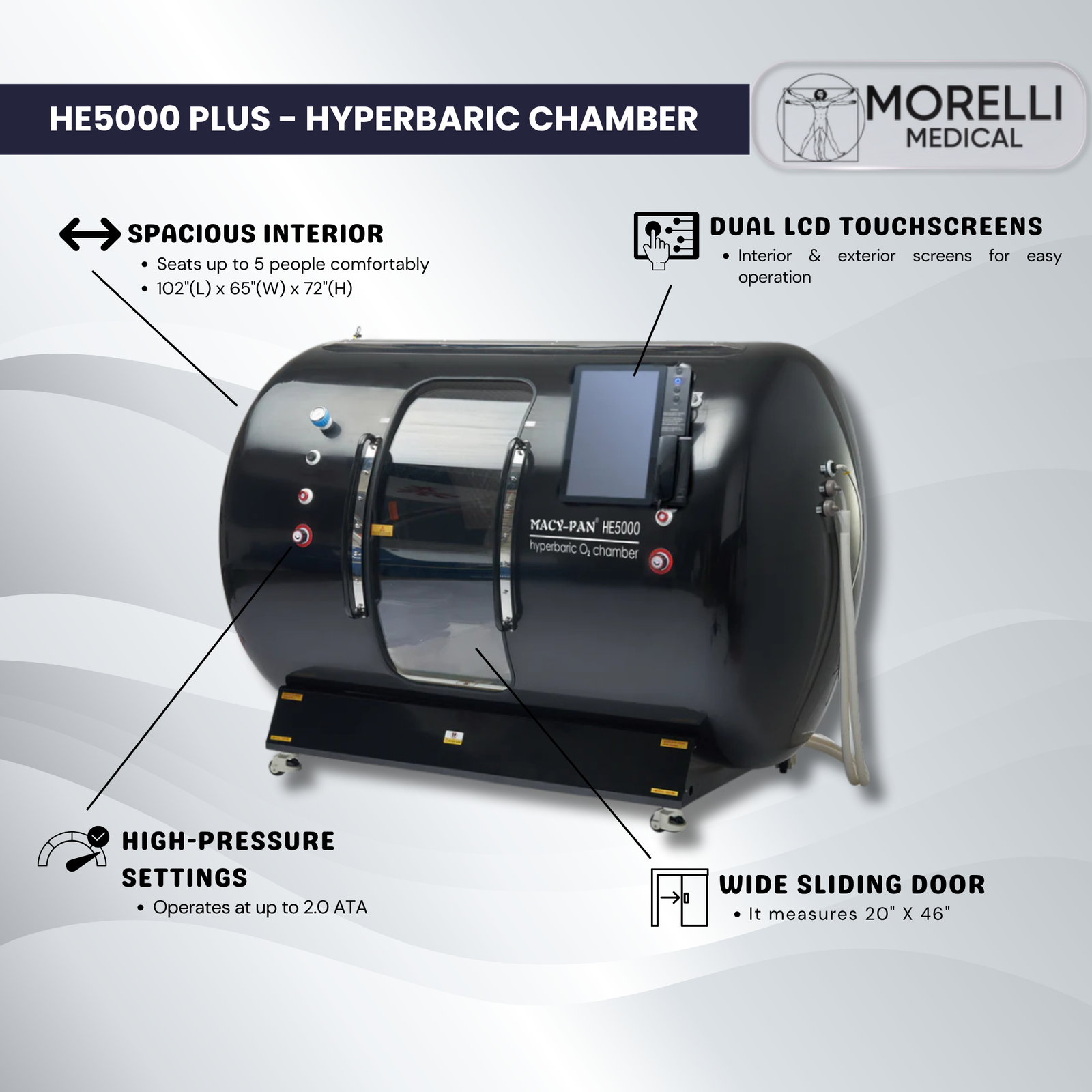 Macy-Pan HE5000 Plus Multiplace Hard-Shell Hyperbaric Chamber – feature diagram of the multiplace chamber