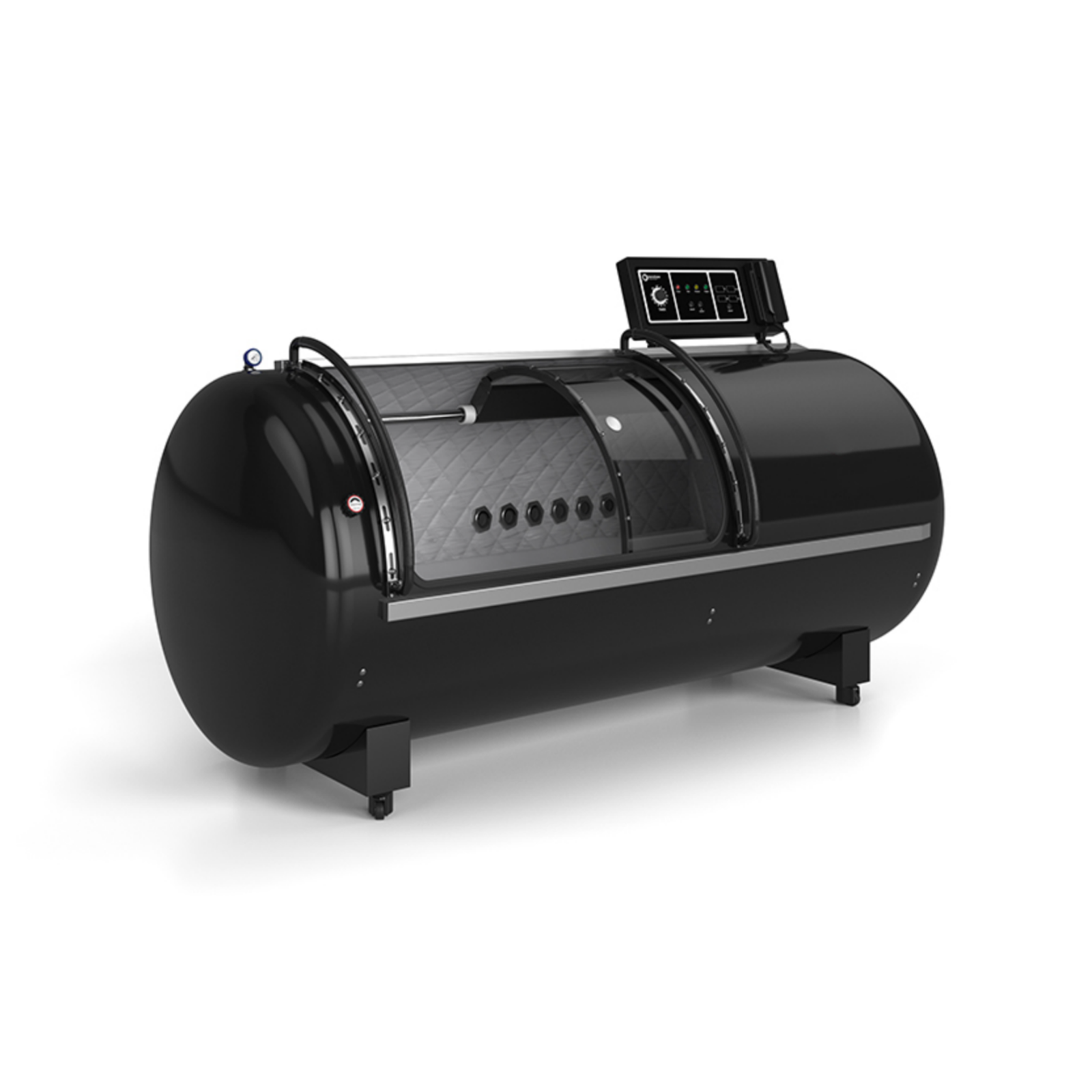 Macy-Pan HP1501 Hard-Shell Lying Hyperbaric Chamber – black hard-shell chamber at an angle