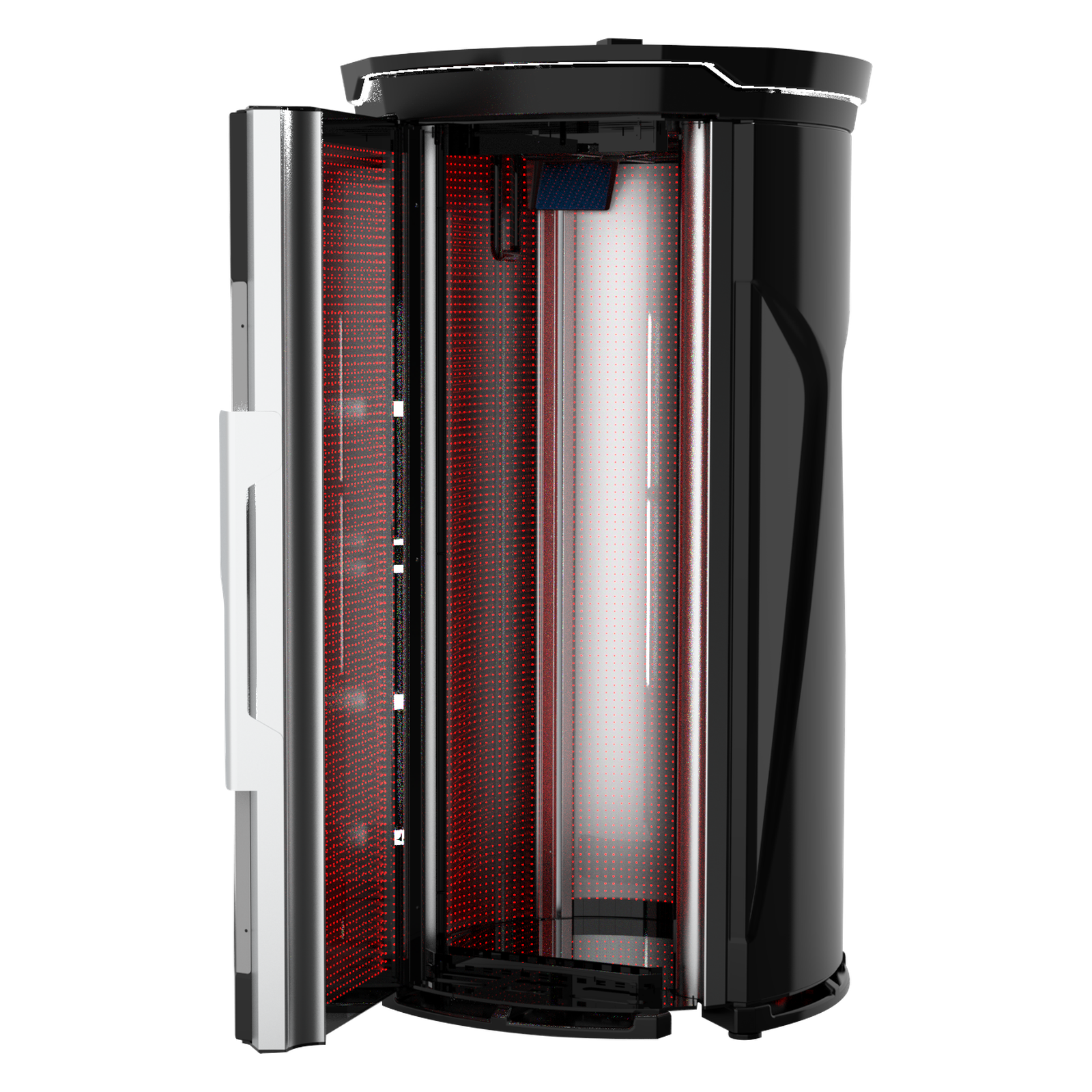 Merican M11 Plus stand-up red light therapy system in Crystal Black, door open with red light on, three-quarter view
