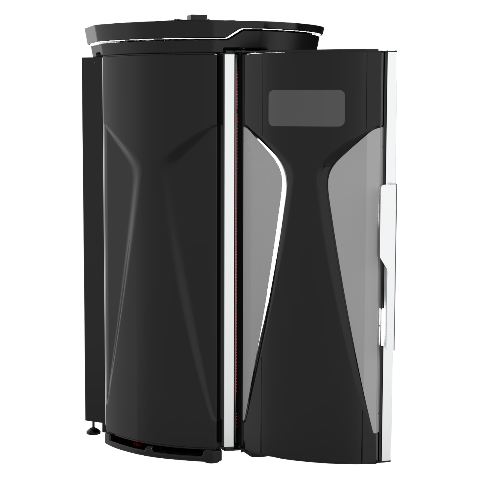 Merican M11 Plus stand-up red light therapy system in Crystal Black, front view with the door ajar