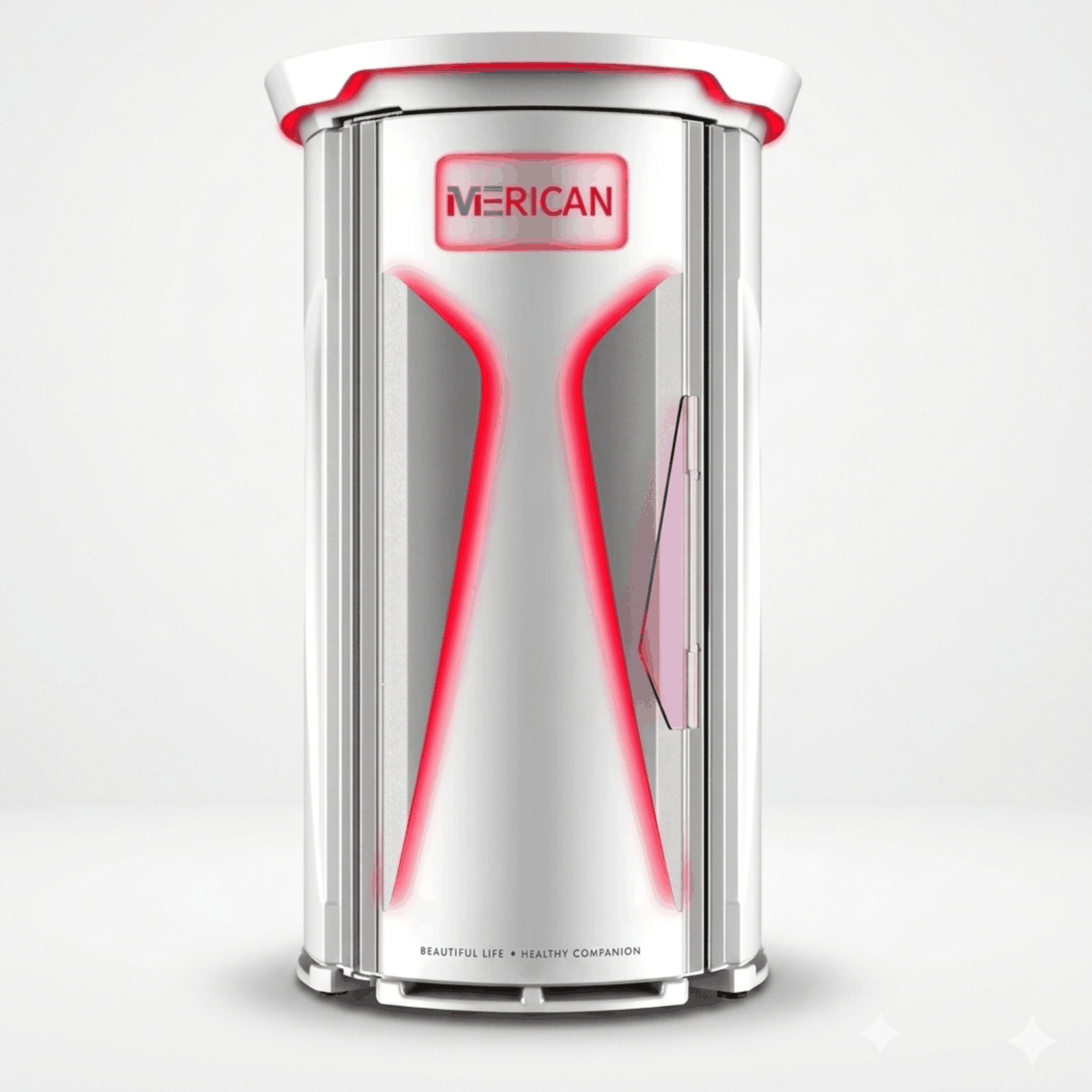 Merican M11 Plus Stand-Up Whole-Body Red Light Therapy System – closed stand-up system with red accents