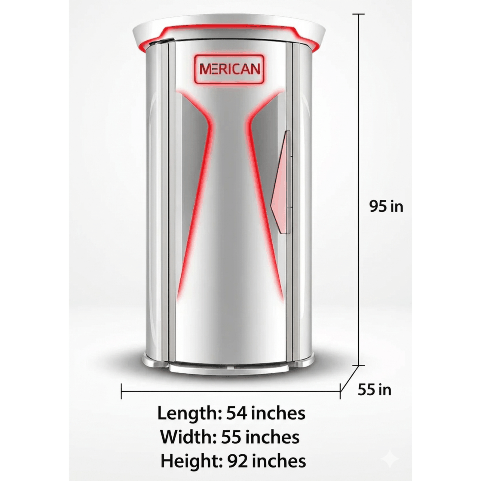 Merican M11 Plus Stand-Up Whole-Body Red Light Therapy System – dimensions of 54 by 55 by 95 inches