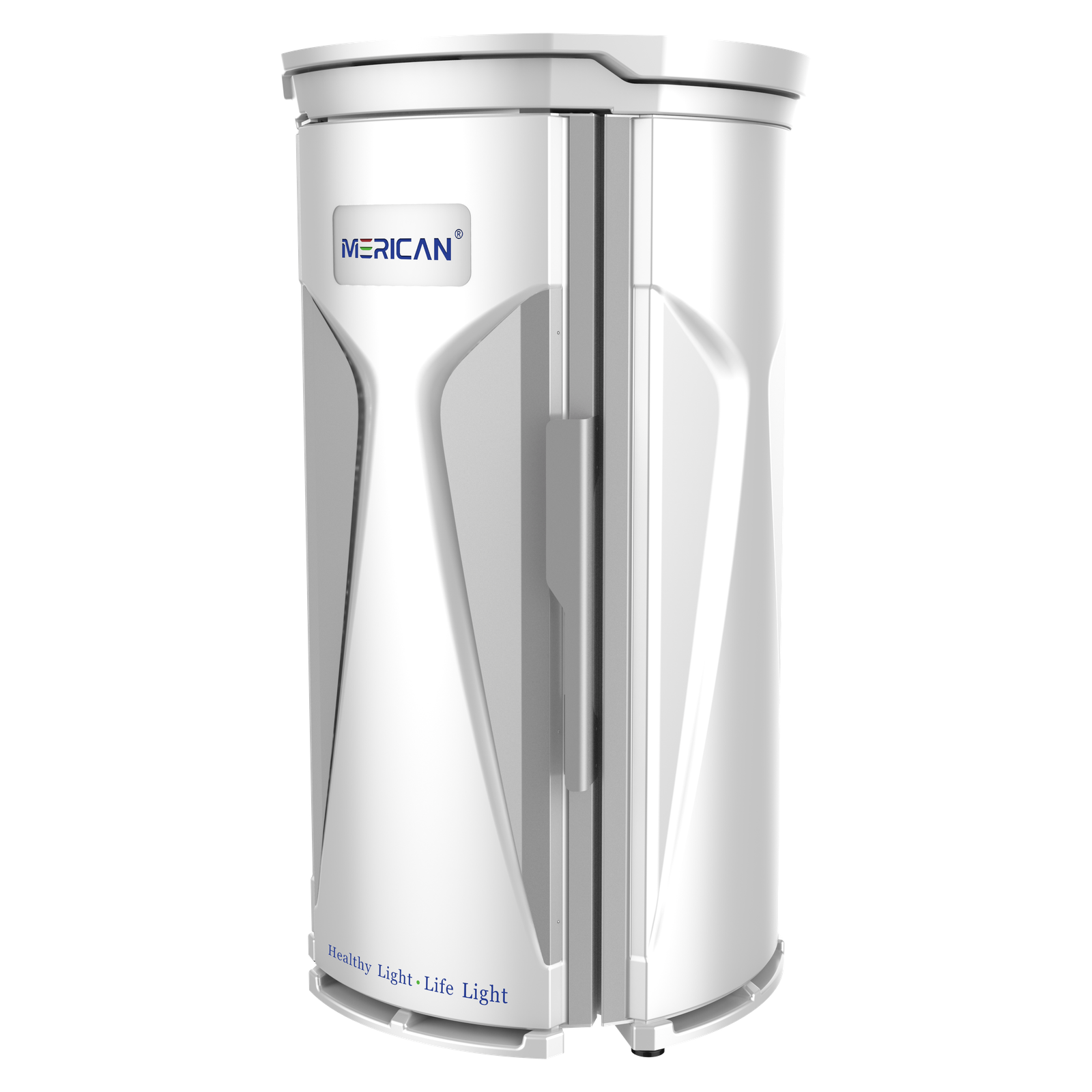 Merican M11 Plus stand-up red light therapy system in Lunar White, closed, three-quarter view