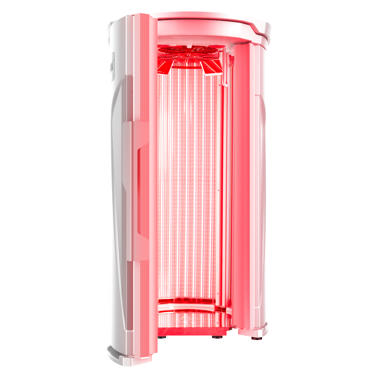 Merican M11 Plus stand-up red light therapy system in Lunar White, door open with red light on, three-quarter view