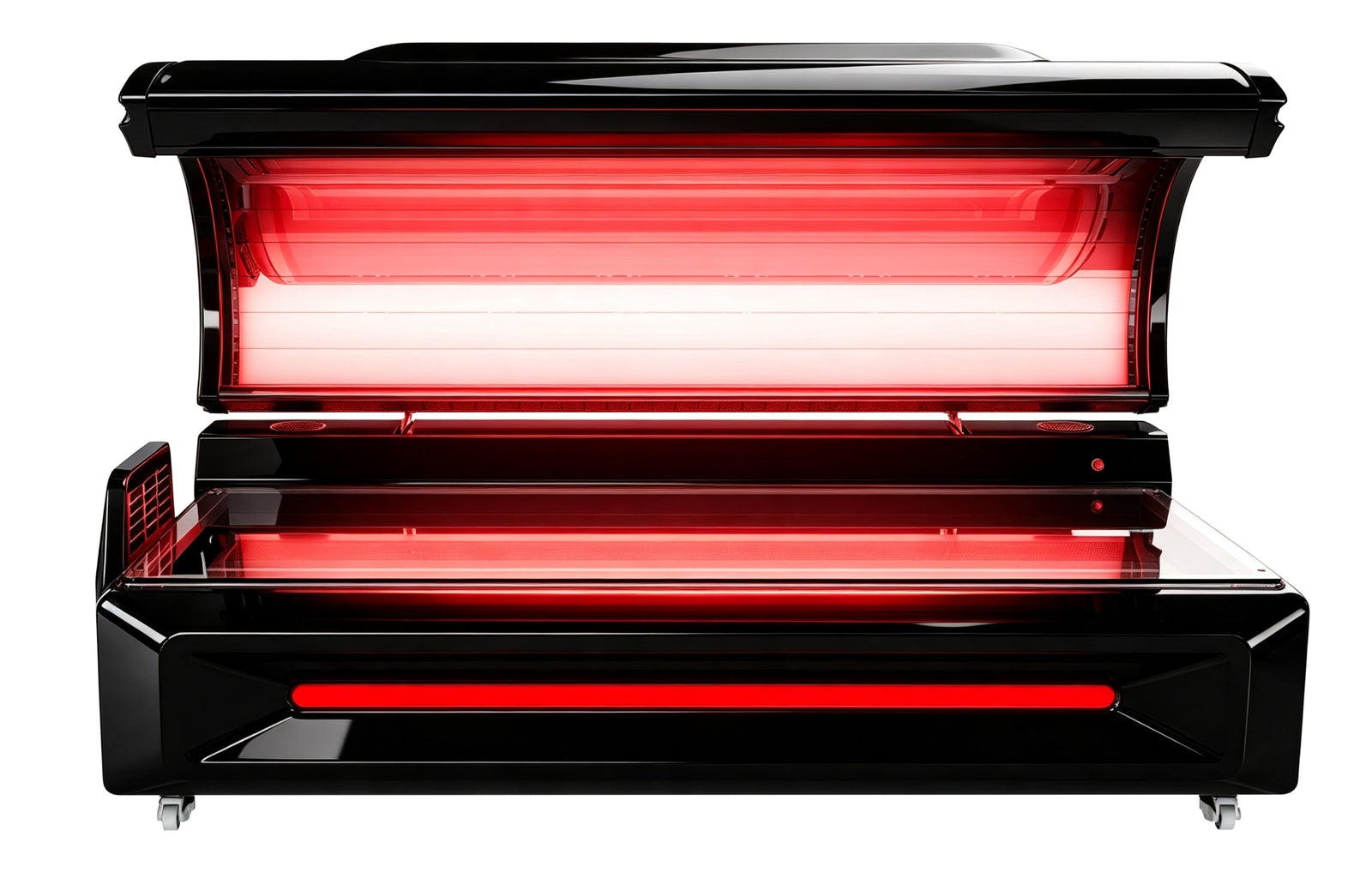 Merican M5N Plus whole-body red light therapy bed in Crystal Black, canopy raised with red light on, straight front view