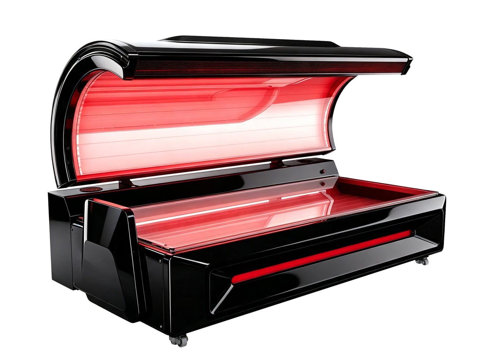 Merican M5N Plus whole-body red light therapy bed in Crystal Black, canopy raised with red light on, front three-quarter view