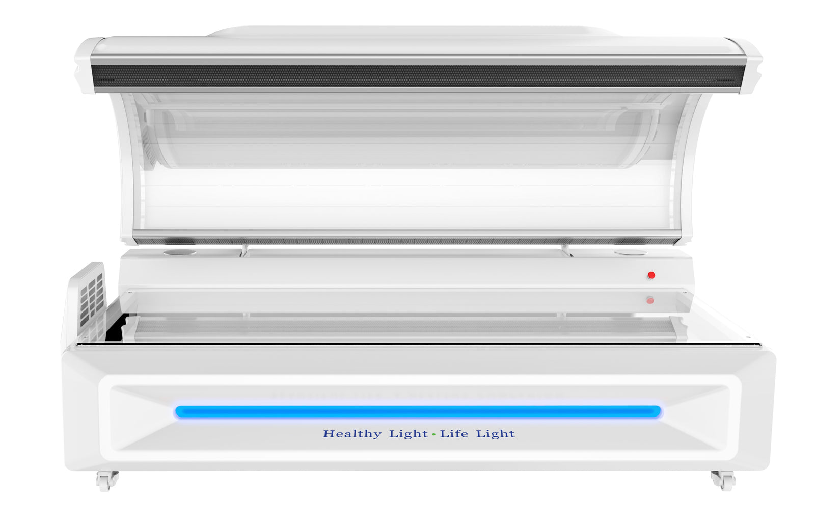 Merican M5N Plus whole-body red light therapy bed in Lunar White, canopy raised, straight front view of the cabin