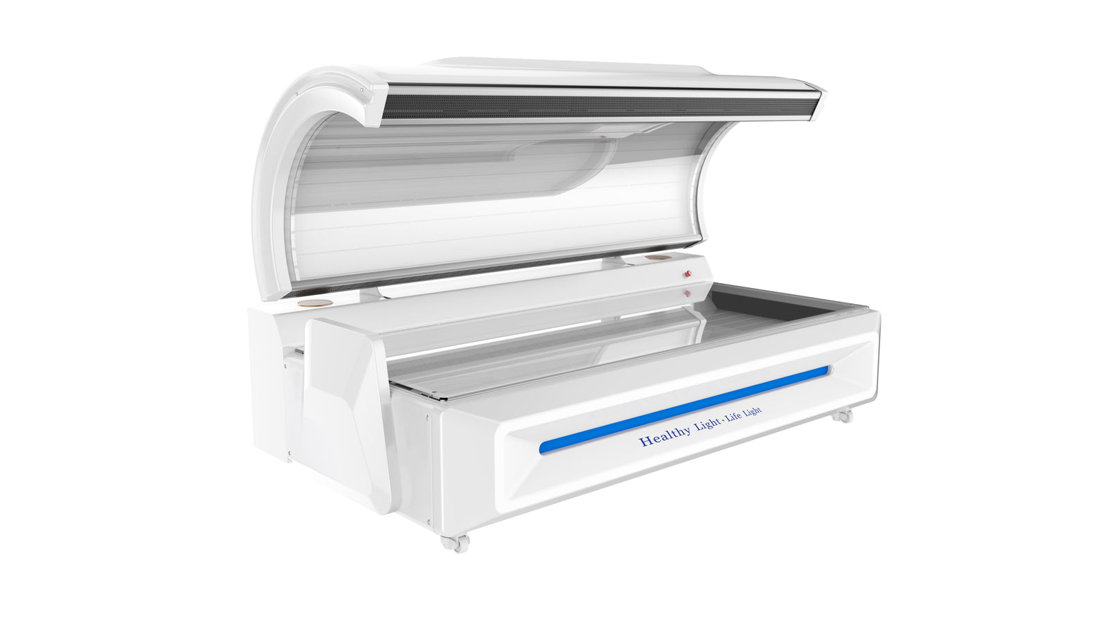 Merican M5N Plus whole-body red light therapy bed in Lunar White, canopy raised, three-quarter view of the open bed