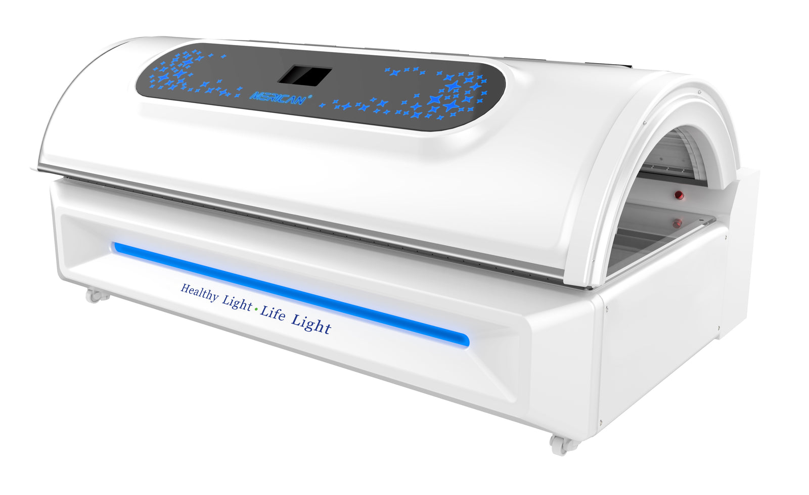 Merican M5N Plus whole-body red light therapy bed in Lunar White, canopy closed, three-quarter view with touch display and blue light strip