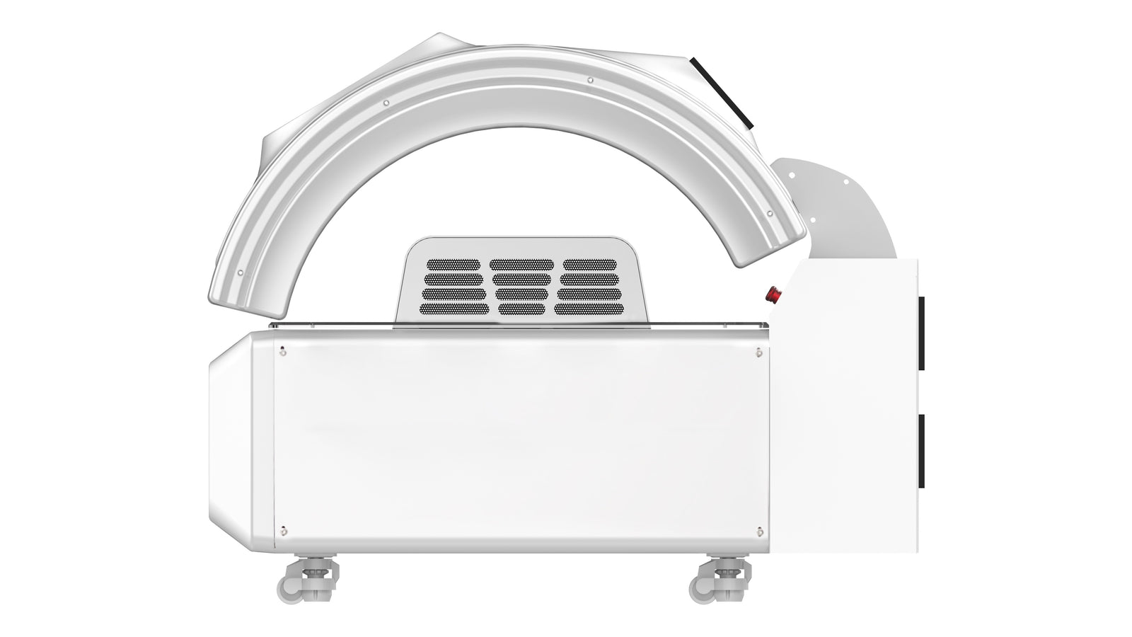 Merican M5N Plus whole-body red light therapy bed in Lunar White, side view with canopy raised, vents and caster wheels