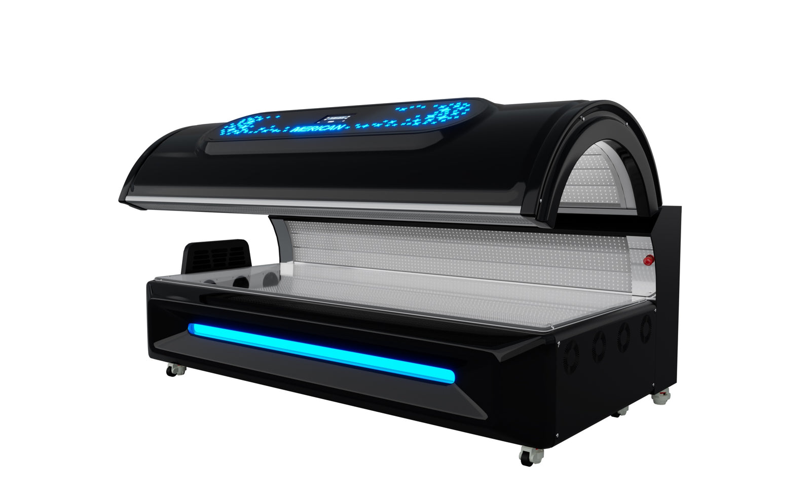 Merican M6N Plus Whole-Body Red Light Therapy Bed – Crystal Black bed with the canopy open, angled view with LEDs off