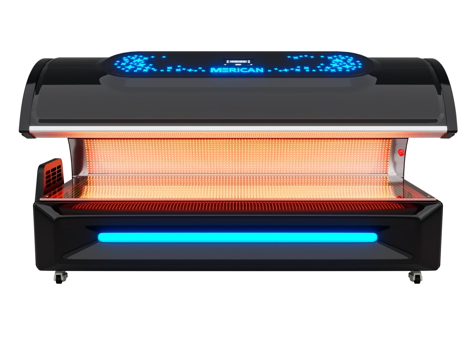 Merican M6N Plus Whole-Body Red Light Therapy Bed – Crystal Black bed, open canopy front view with red LEDs on