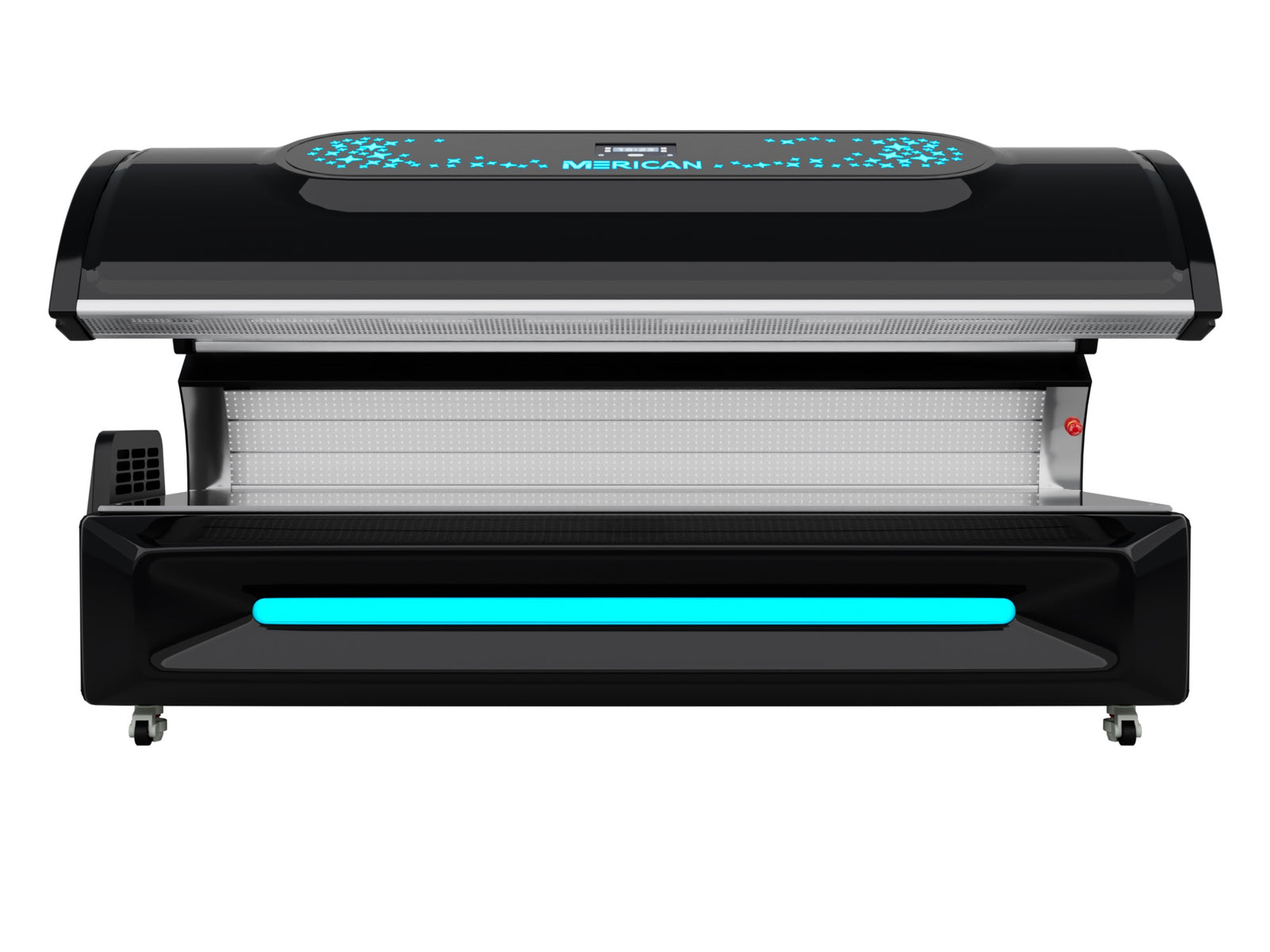 Merican M6N Plus Whole-Body Red Light Therapy Bed – Crystal Black bed, open canopy front view with teal-lit control display