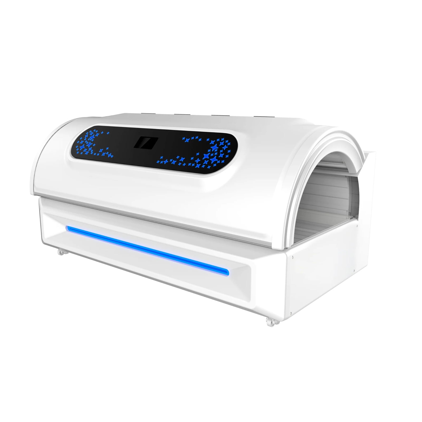 Merican M6N Whole-Body Red Light Therapy Bed – white bed at an angle with a blue light strip