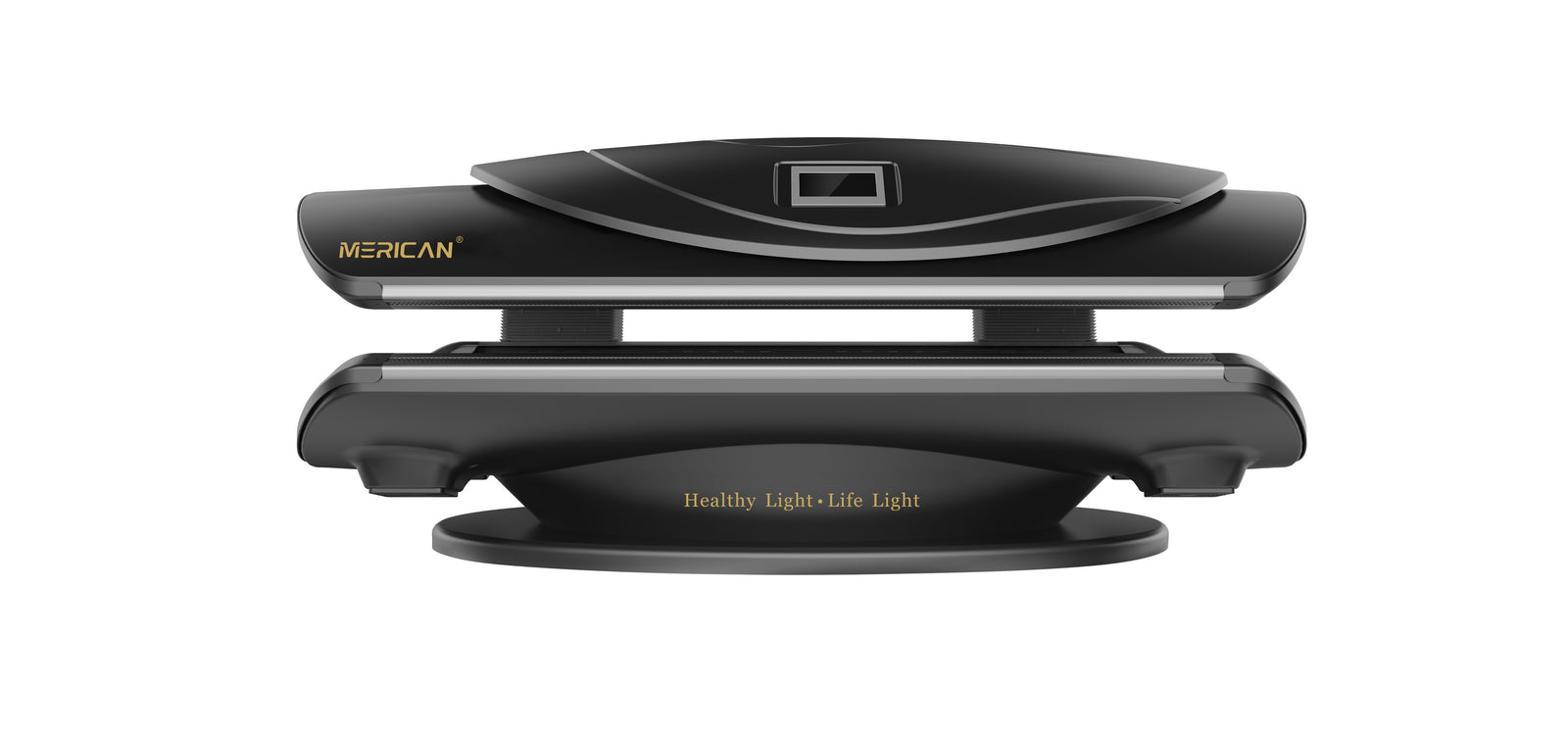 Merican MMB Plus whole-body red light therapy bed in Crystal Black, closed, straight front view with touch display