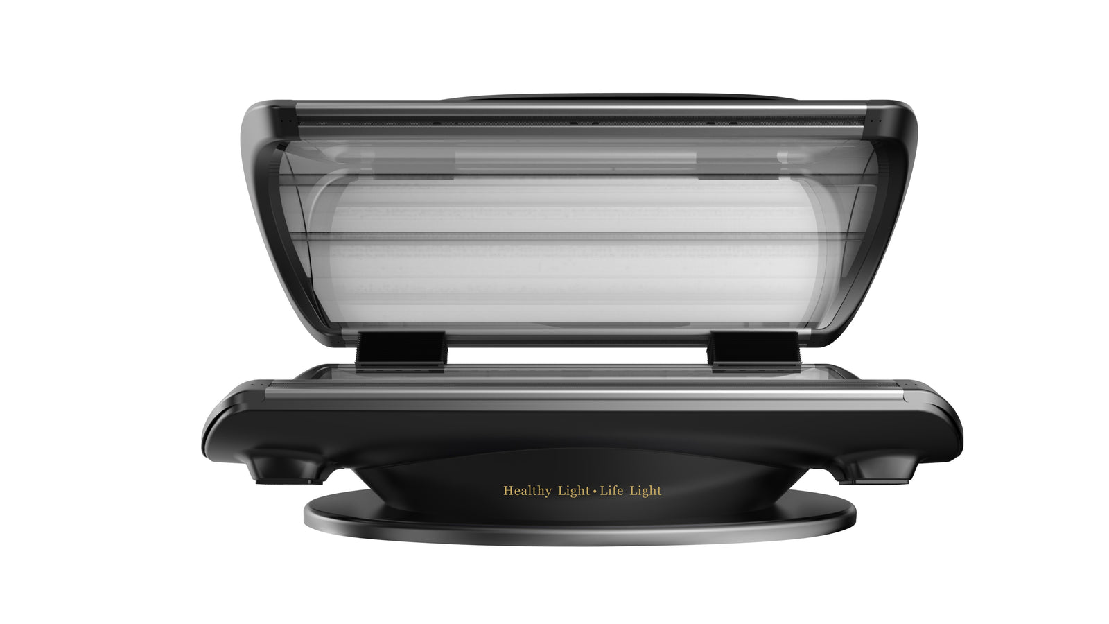 Merican MMB Plus whole-body red light therapy bed in Crystal Black, canopy open, straight front view of the lamp panels