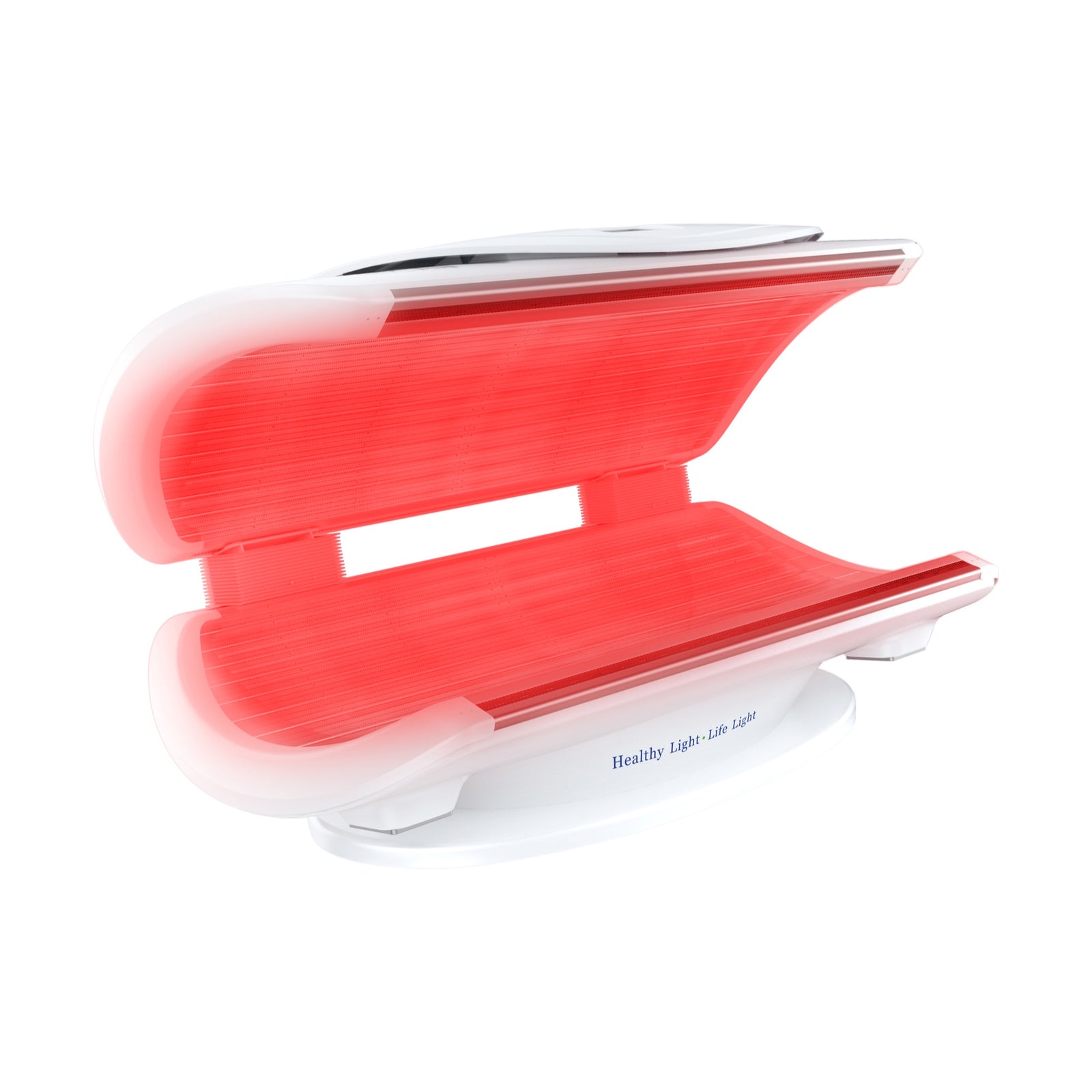 Merican MMB Plus whole-body red light therapy bed, Lunar White, open, three-quarter view