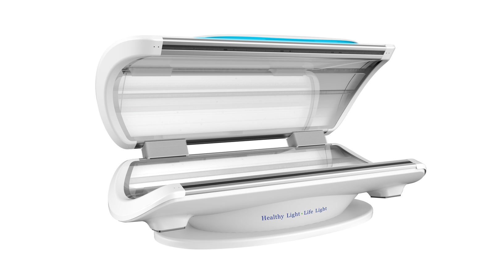 Merican MMB Plus whole-body red light therapy bed in Lunar White, canopy open, side angled view with blue light strip on the canopy