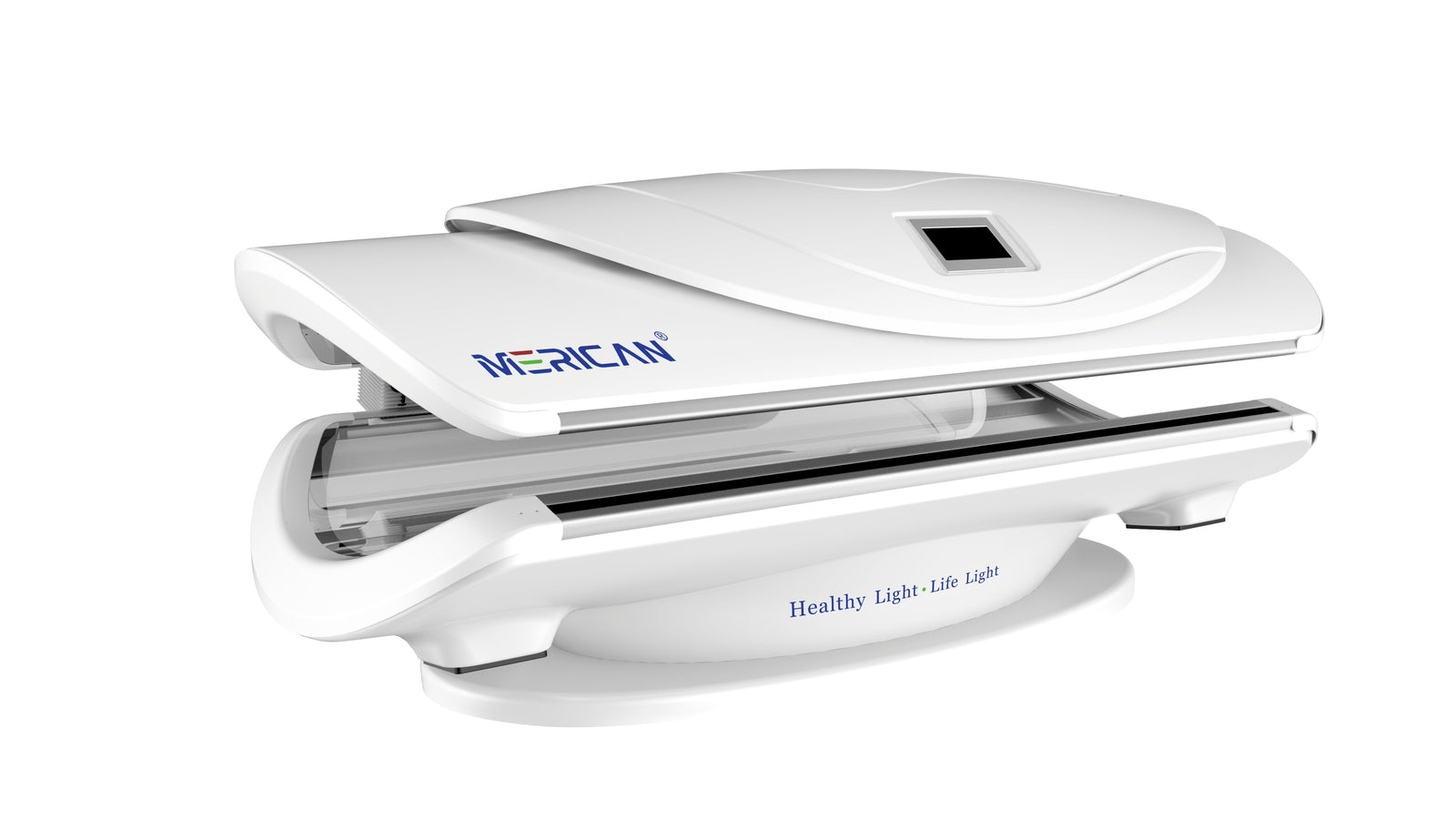 Merican MMB Plus whole-body red light therapy bed in Lunar White, canopy partly open, front three-quarter view