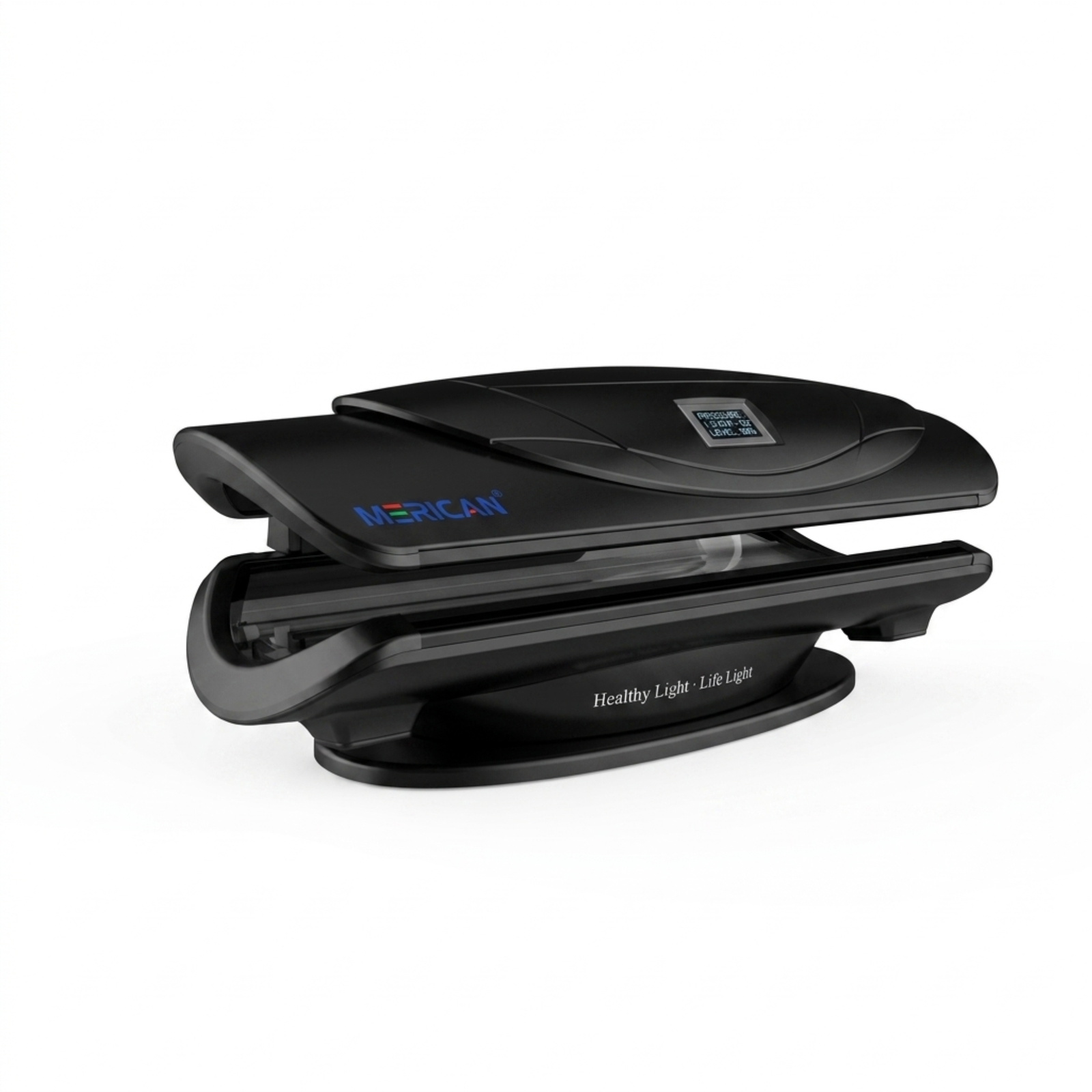 Merican MMB Plus Whole-Body Red Light Therapy Bed – black bed with the canopy partly open