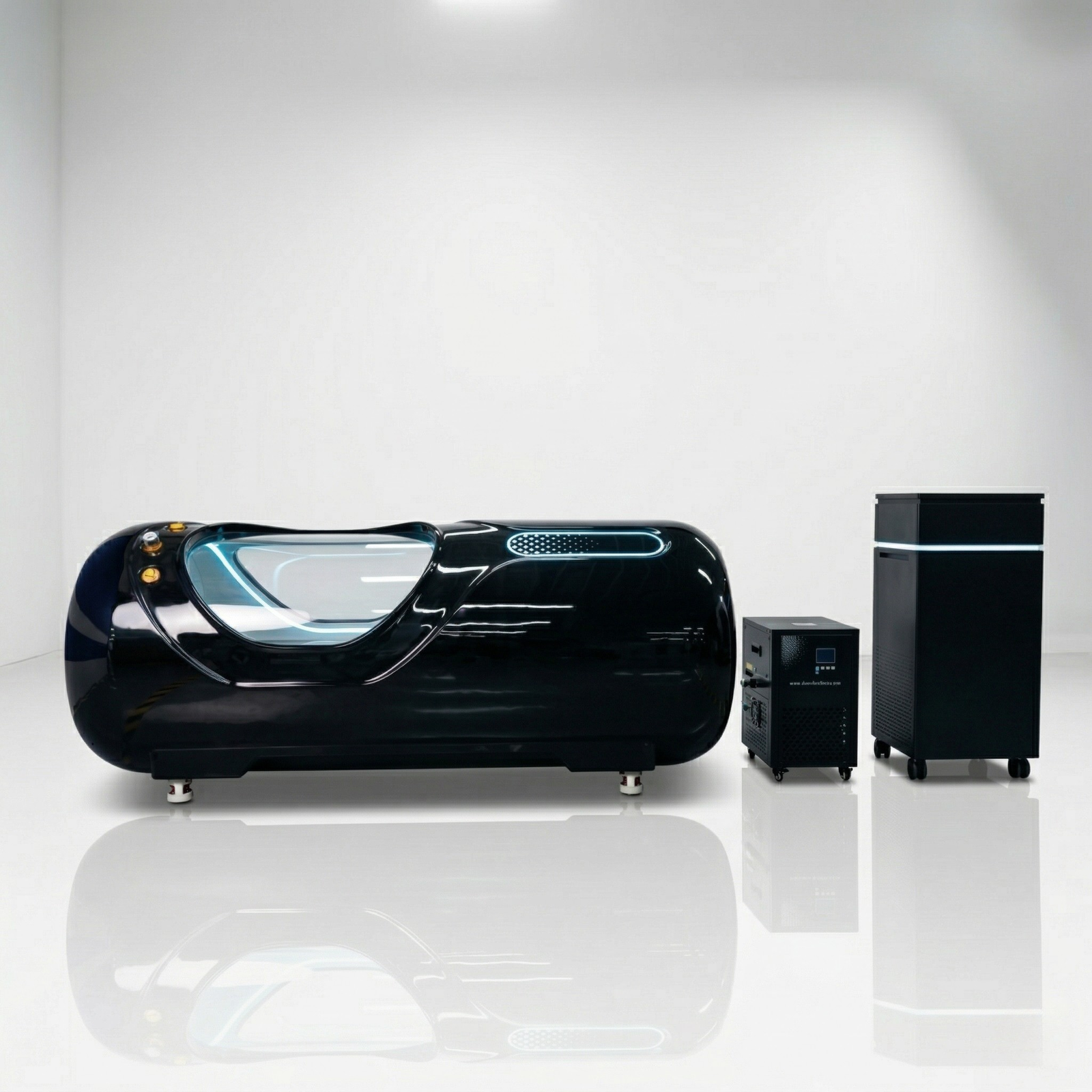 Oxyair OLV-YTD02 2.0 ATA Hard-Shell Hyperbaric Chamber – black chamber beside its machines