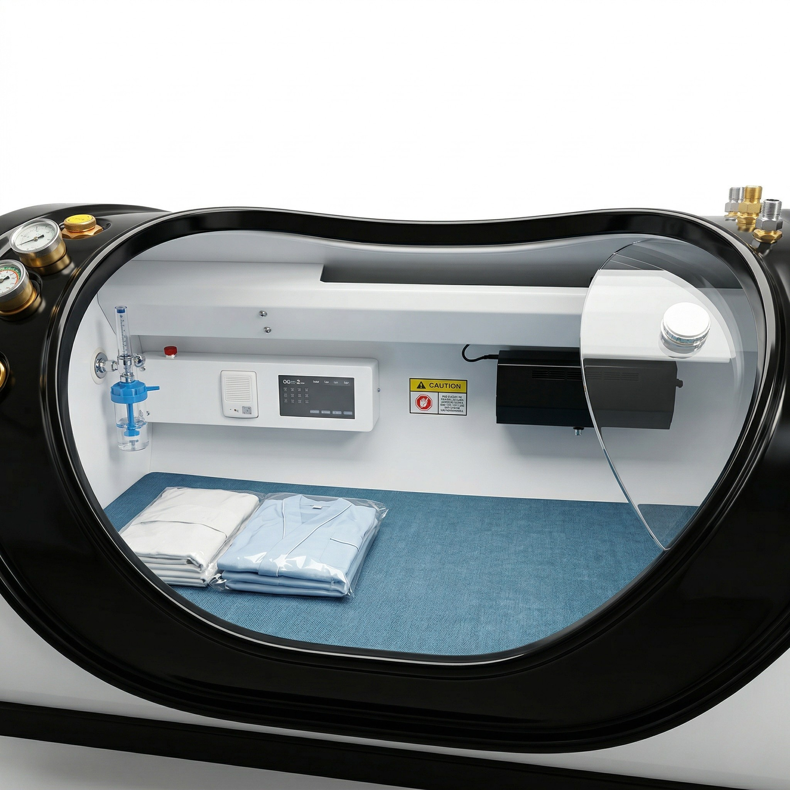 Oxyair OLV-YTD02 2.0 ATA Hard-Shell Hyperbaric Chamber – interior with bedding and fittings