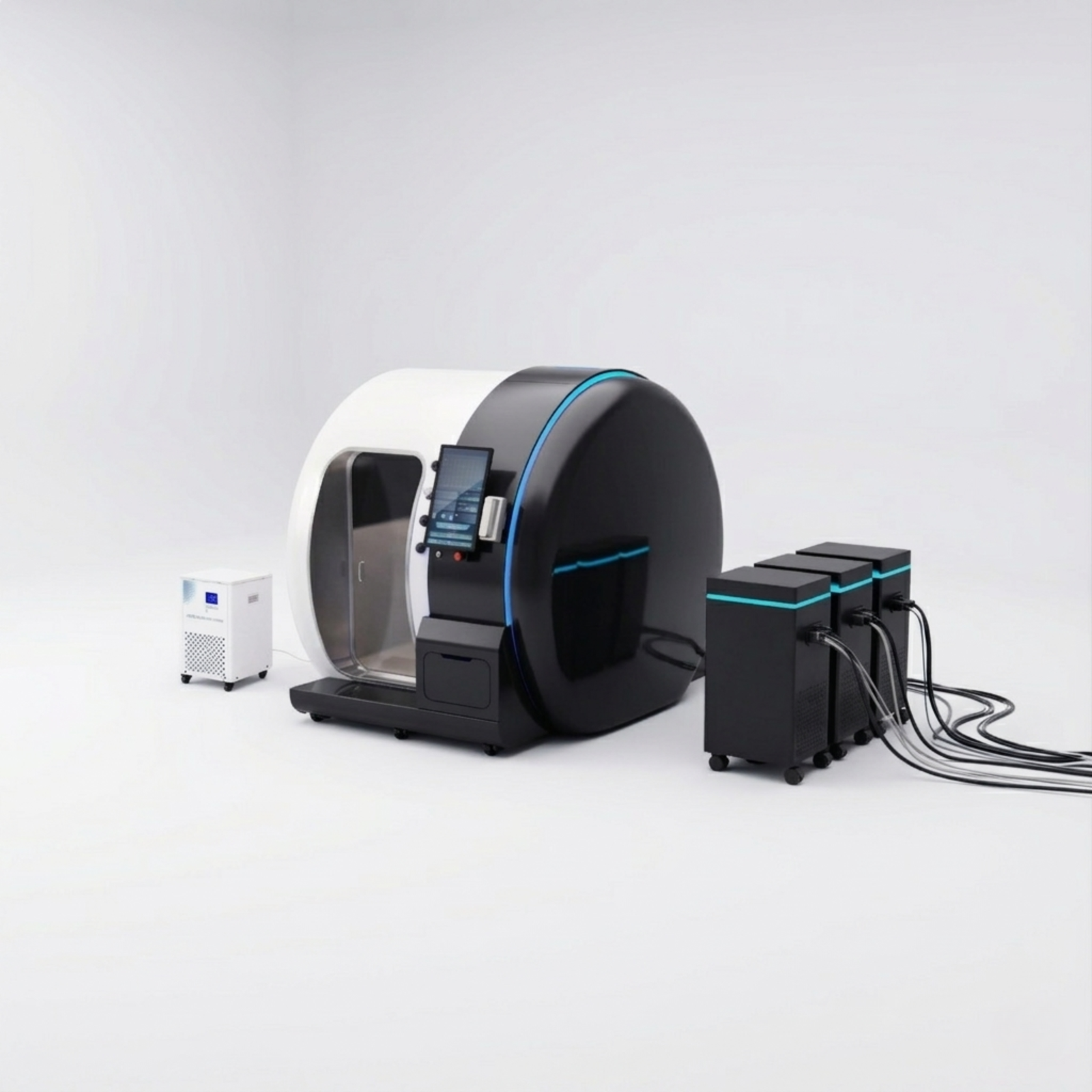 Oxyair OLV-YZM01 Two-Person 2.0 ATA Hard-Shell Multiplace Hyperbaric Chamber – black and white chamber with machines