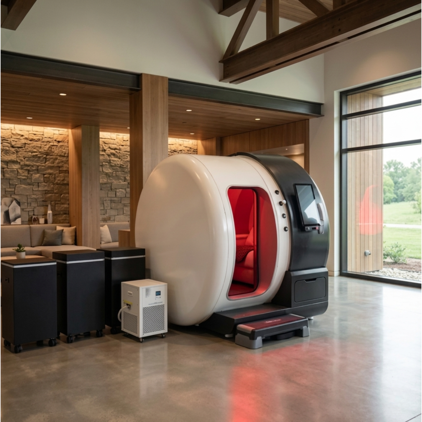 Oxyair OLV-YZM01 Two-Person 2.0 ATA Hard-Shell Multiplace Hyperbaric Chamber – chamber with red light in a lodge-style room