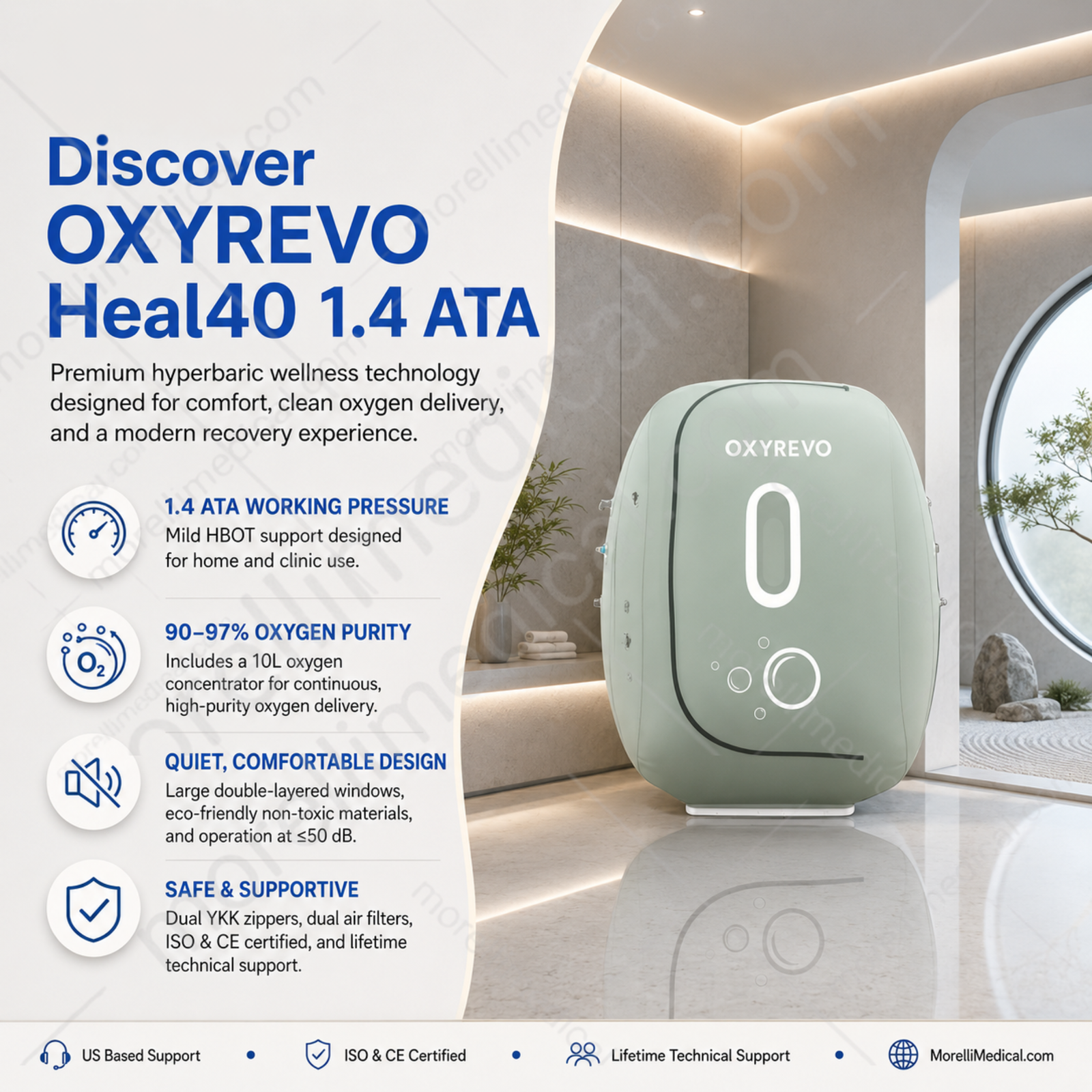 OxyRevo Heal40 Wheelchair-Accessible Hyperbaric Chamber – feature graphic for the Heal40 at 1.4 ATA