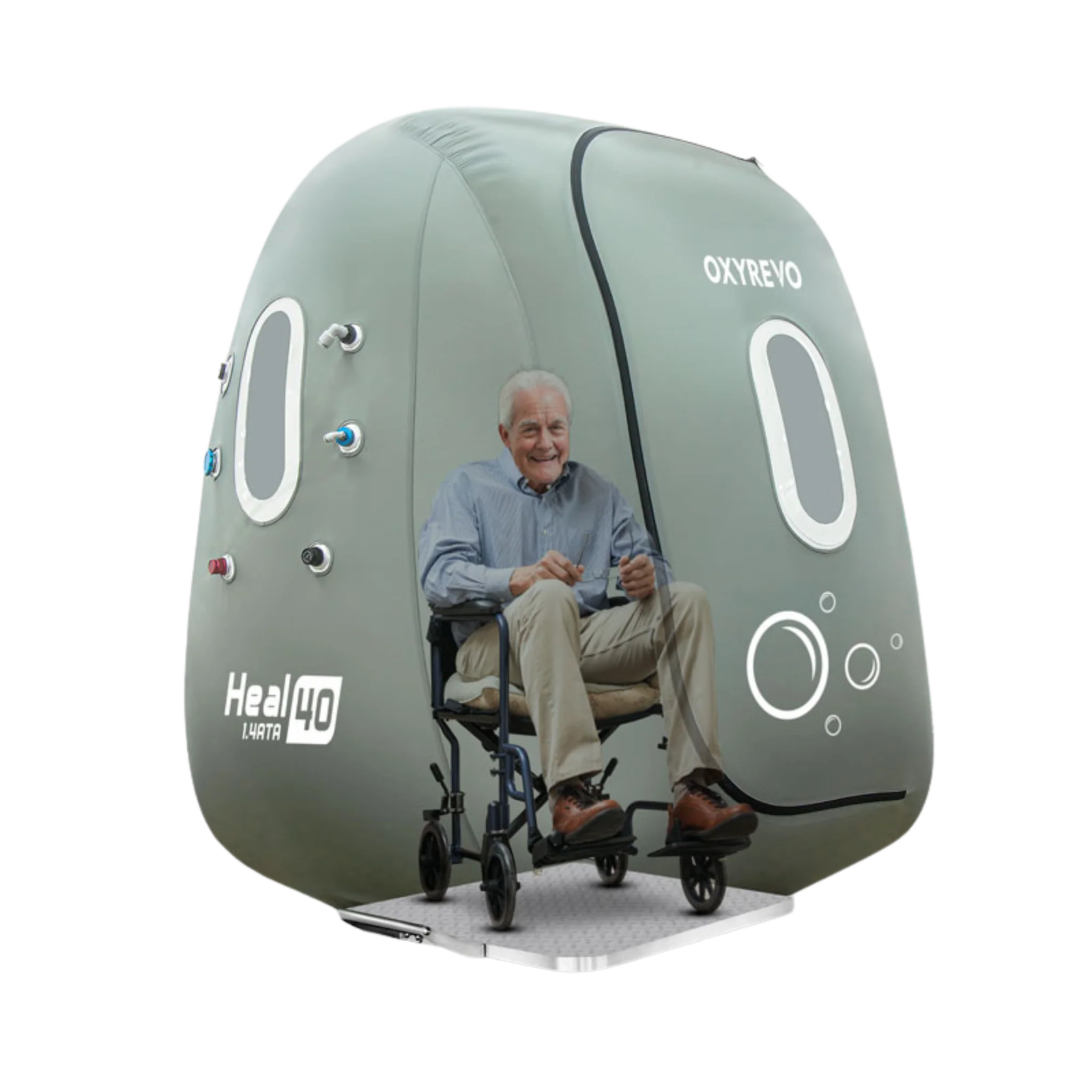 OxyRevo Heal40 Wheelchair-Accessible Hyperbaric Chamber – person seated in a wheelchair beside the chamber