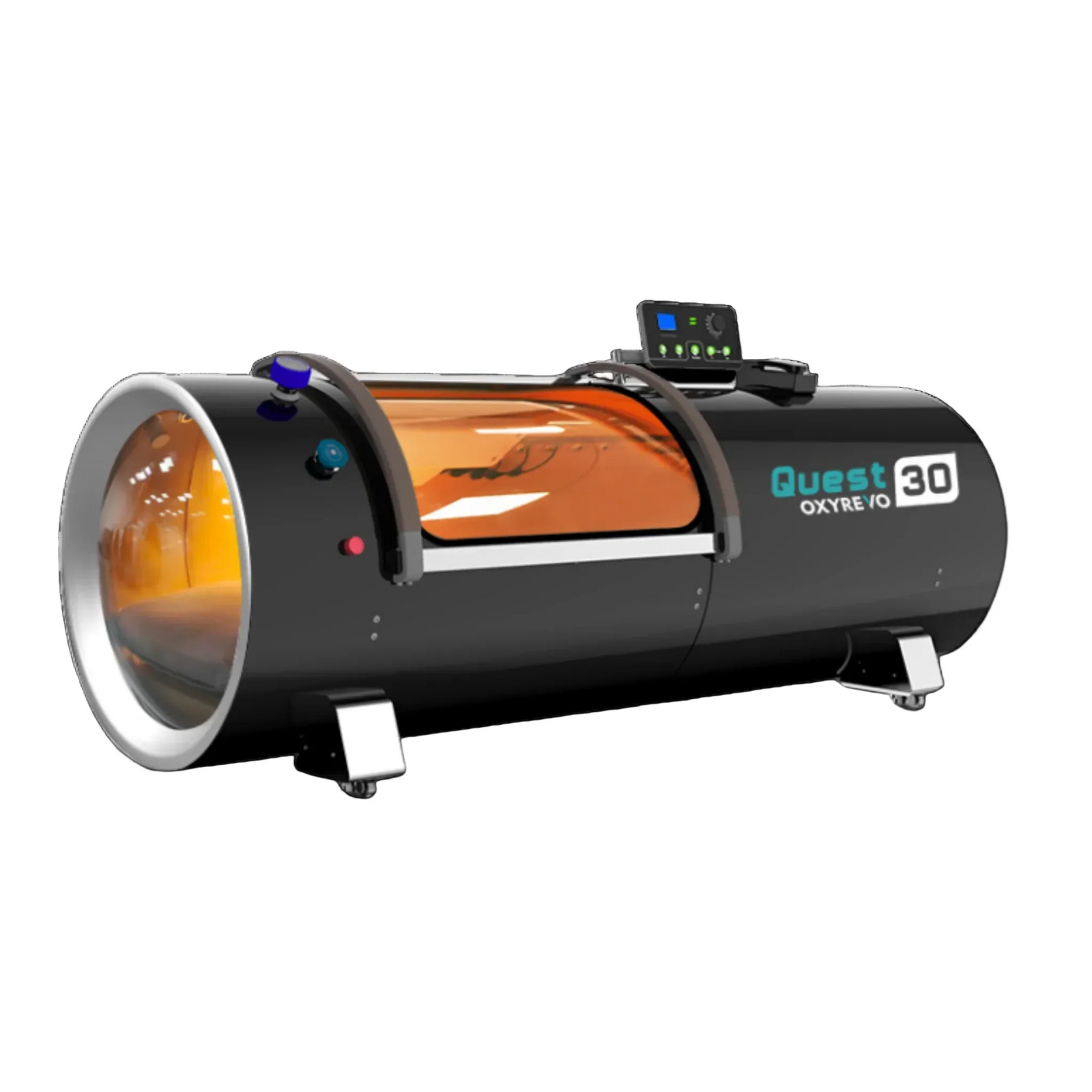 OxyRevo Quest30 Hard-Shell Hyperbaric Chamber – black chamber at an angle