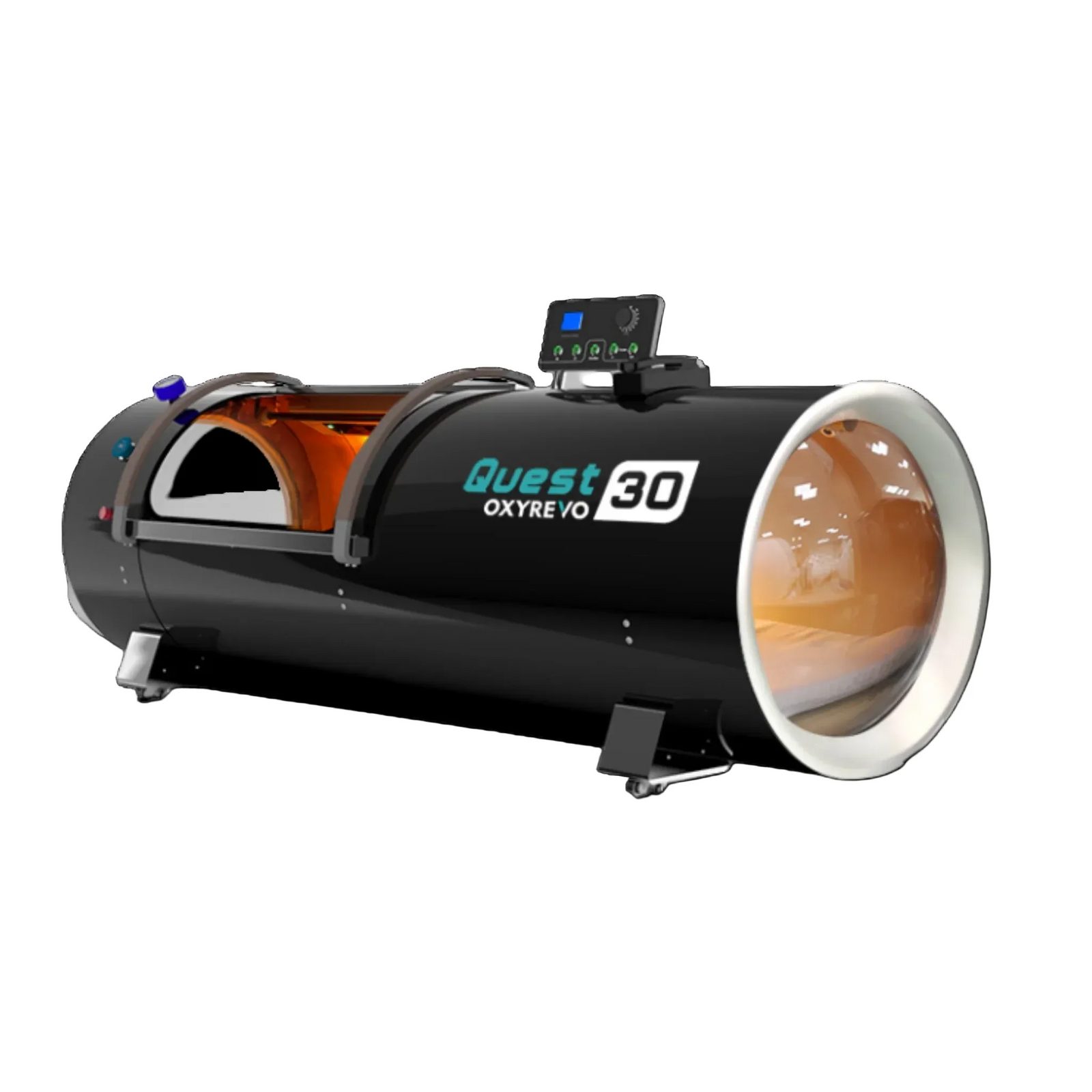 OxyRevo Quest30 Hard-Shell Hyperbaric Chamber – black chamber with open end