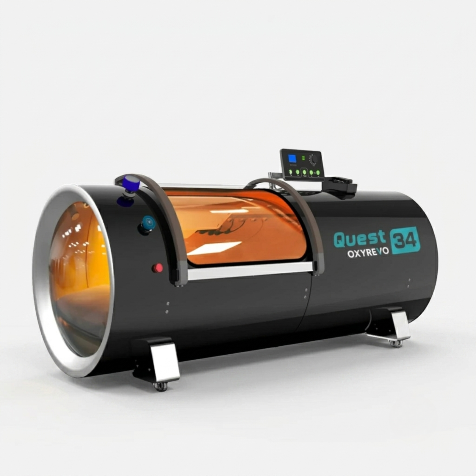 OxyRevo Quest34 Hard-Shell Hyperbaric Chamber – black chamber at an angle