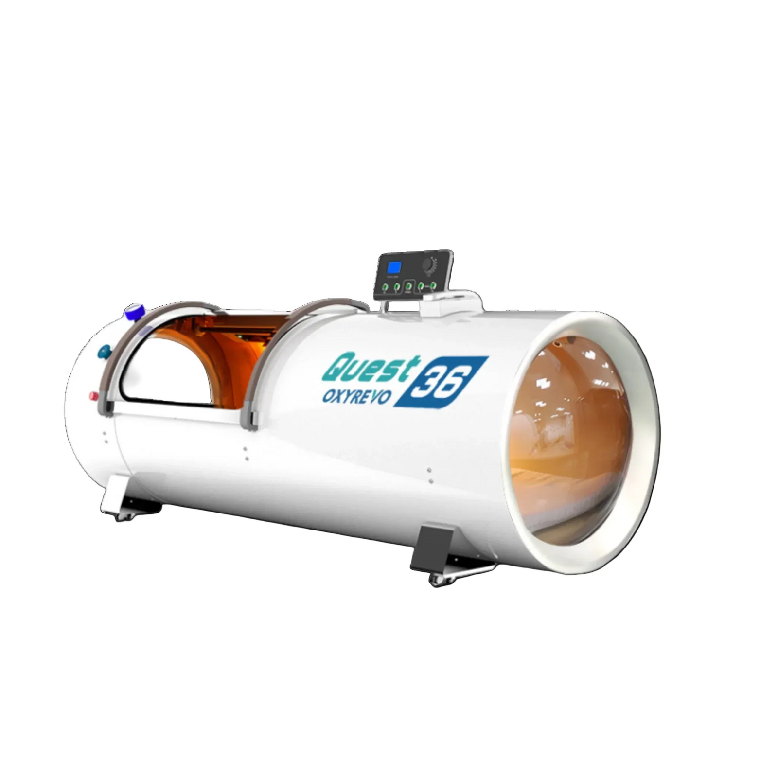 OxyRevo Quest36 Hard-Shell Hyperbaric Chamber – white chamber end and side view