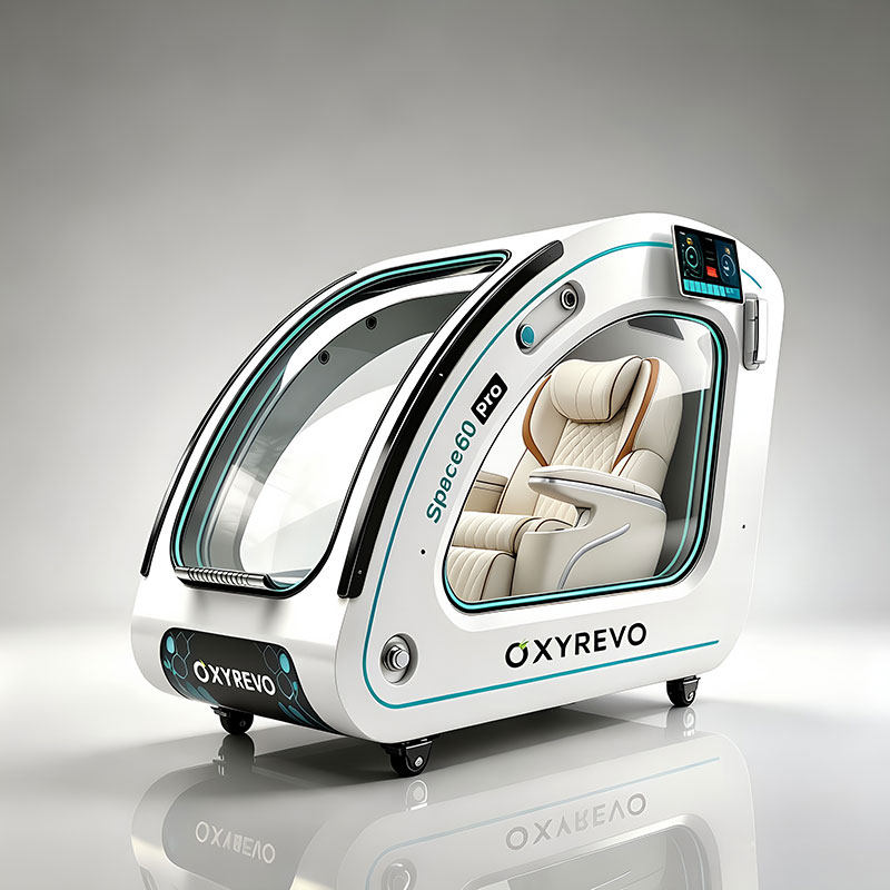 OxyRevo Space60 Pro Hard-Shell Sitting Hyperbaric Chamber – white chamber with a cream chair finish