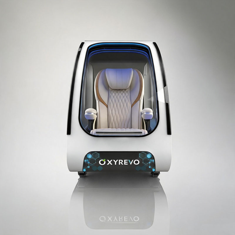 OxyRevo Space60 Pro Hard-Shell Sitting Hyperbaric Chamber – door end view with the chair visible inside