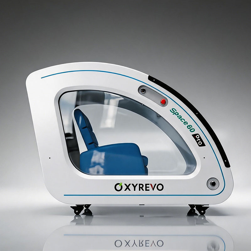 OxyRevo Space60 Pro Hard-Shell Sitting Hyperbaric Chamber – side profile on four wheels