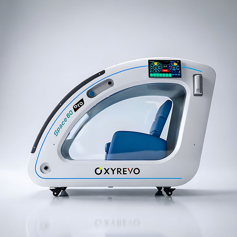OxyRevo Space60 Pro Hard-Shell Sitting Hyperbaric Chamber – side view showing the touchscreen control panel
