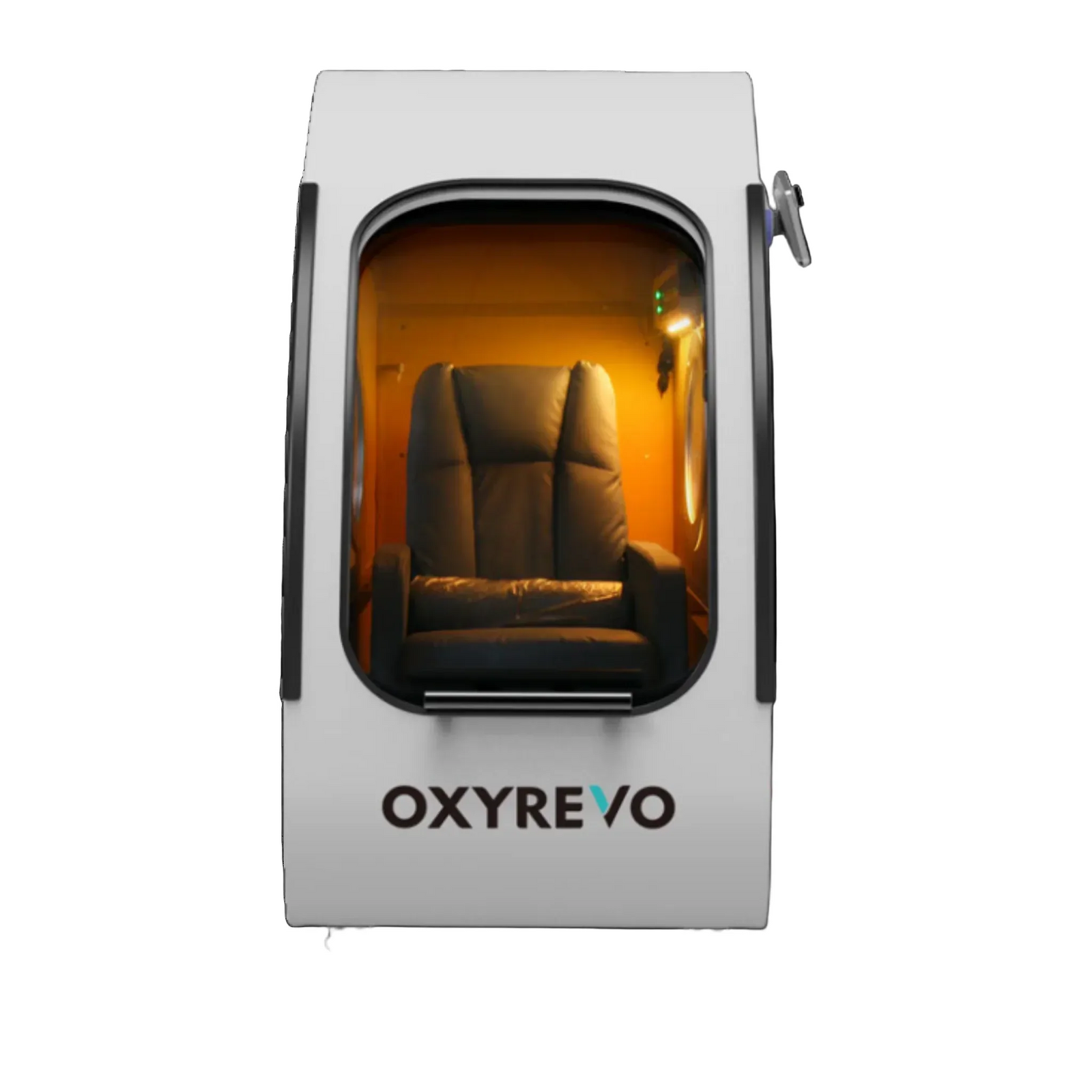 OxyRevo Space60 Hard-Shell Sitting Hyperbaric Chamber – chamber front view with a seat