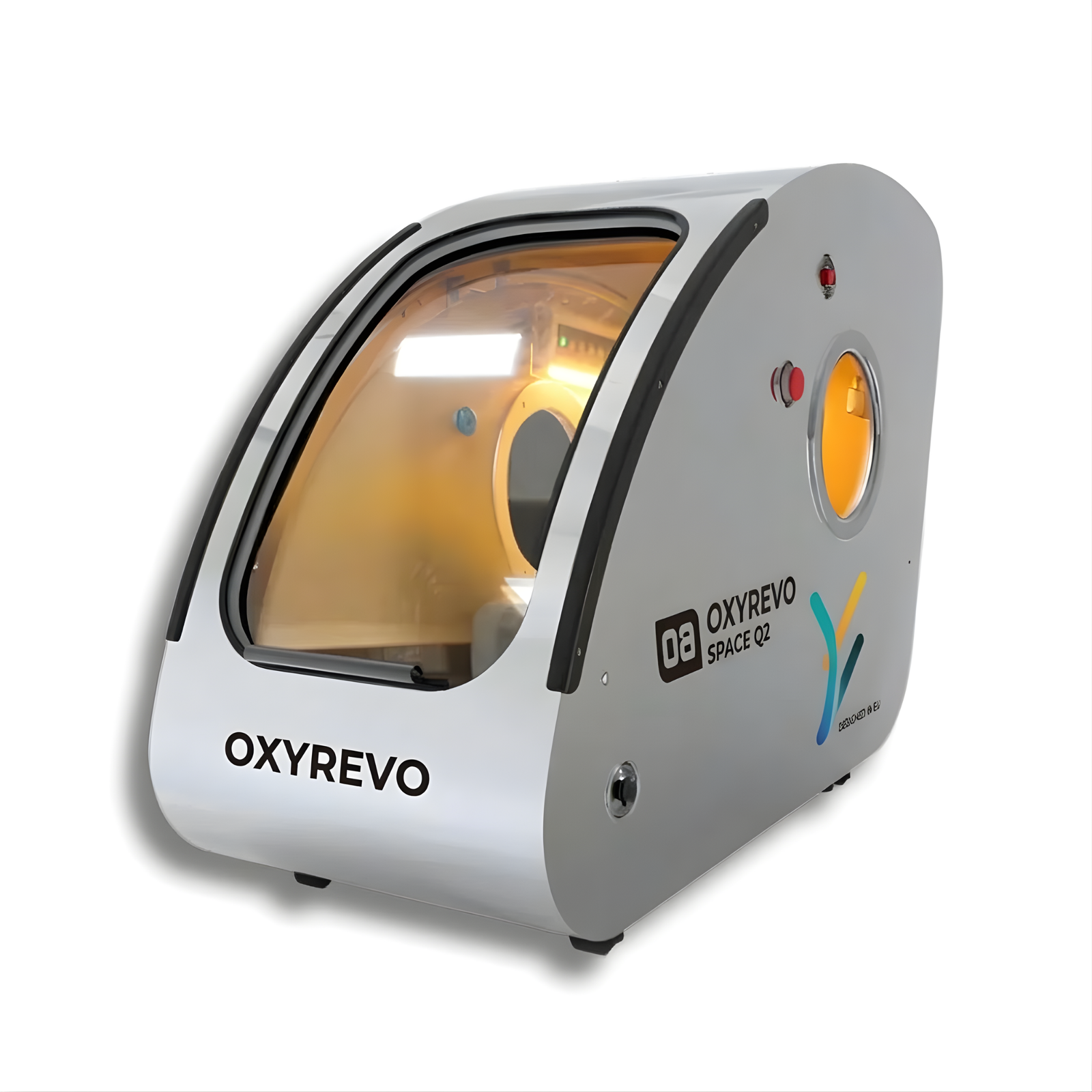 OxyRevo Space60 Hard-Shell Sitting Hyperbaric Chamber – chamber with a seat visible inside