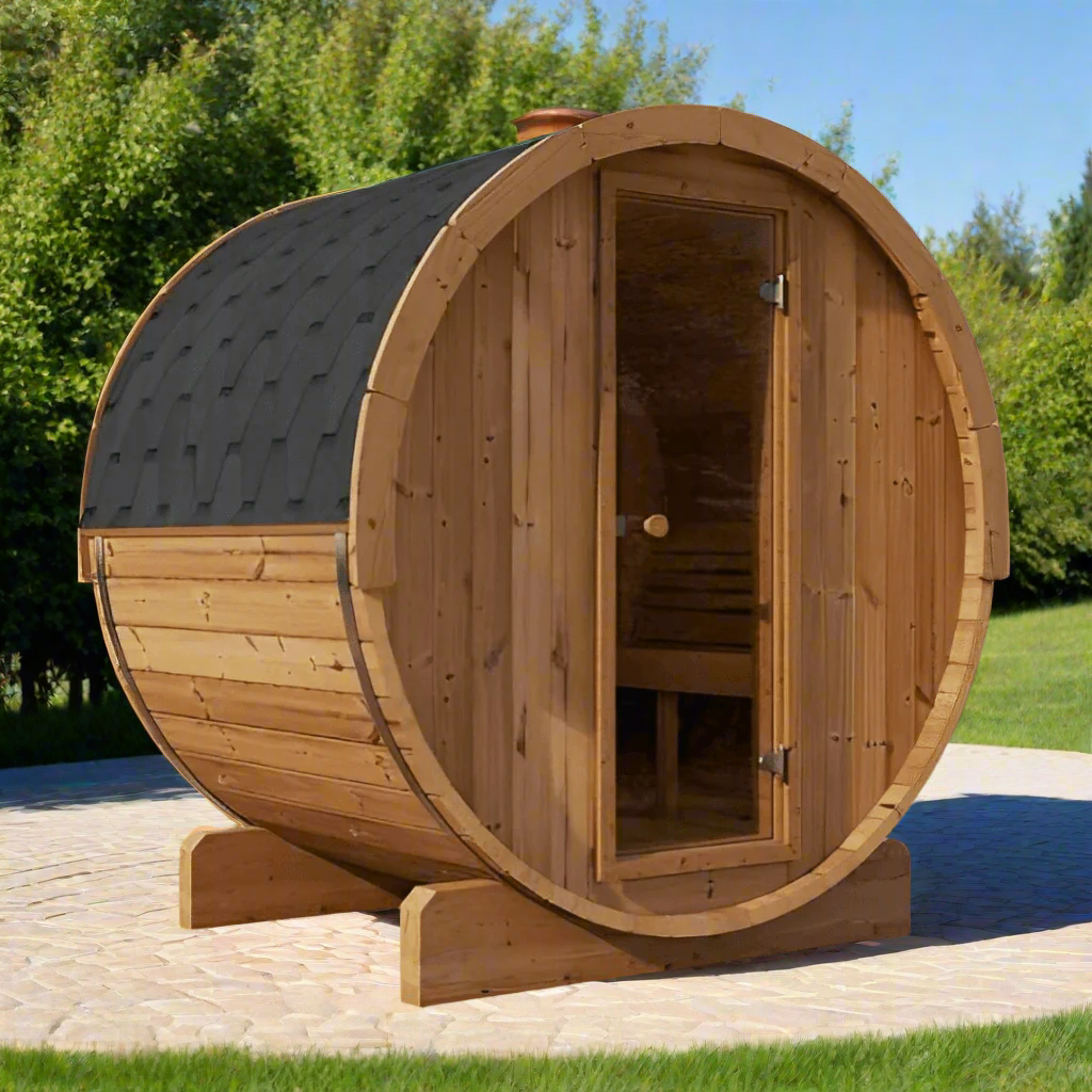 SaunaLife Model E6 3-person outdoor barrel sauna, Thermo-Spruce barrel construction