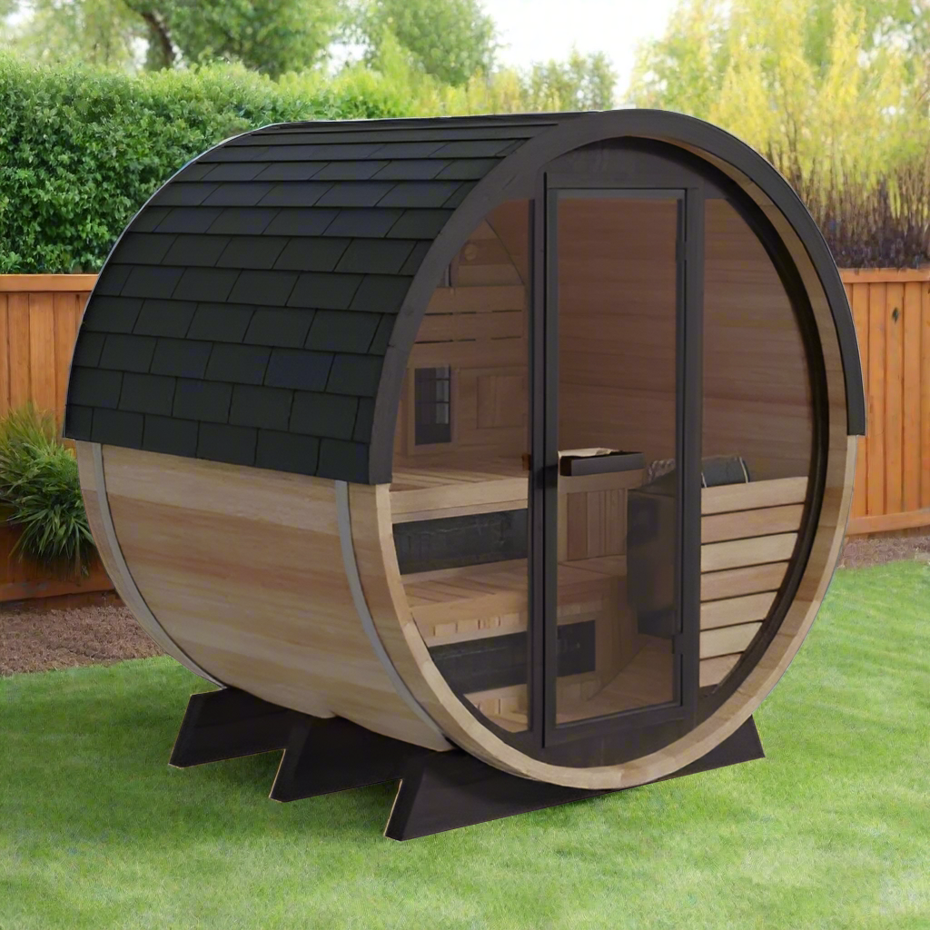 Finnmark FD-7 4-person Thermo-Aspen barrel hybrid sauna, left side
